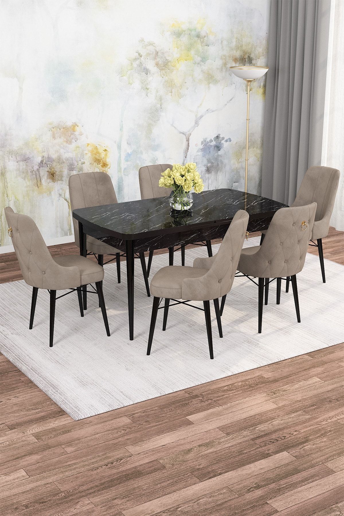Diana Siyah Mermer Desen 80x132 Açılabilir Mdf Mutfak Masası Takımı 6 Adet Sandalye-0