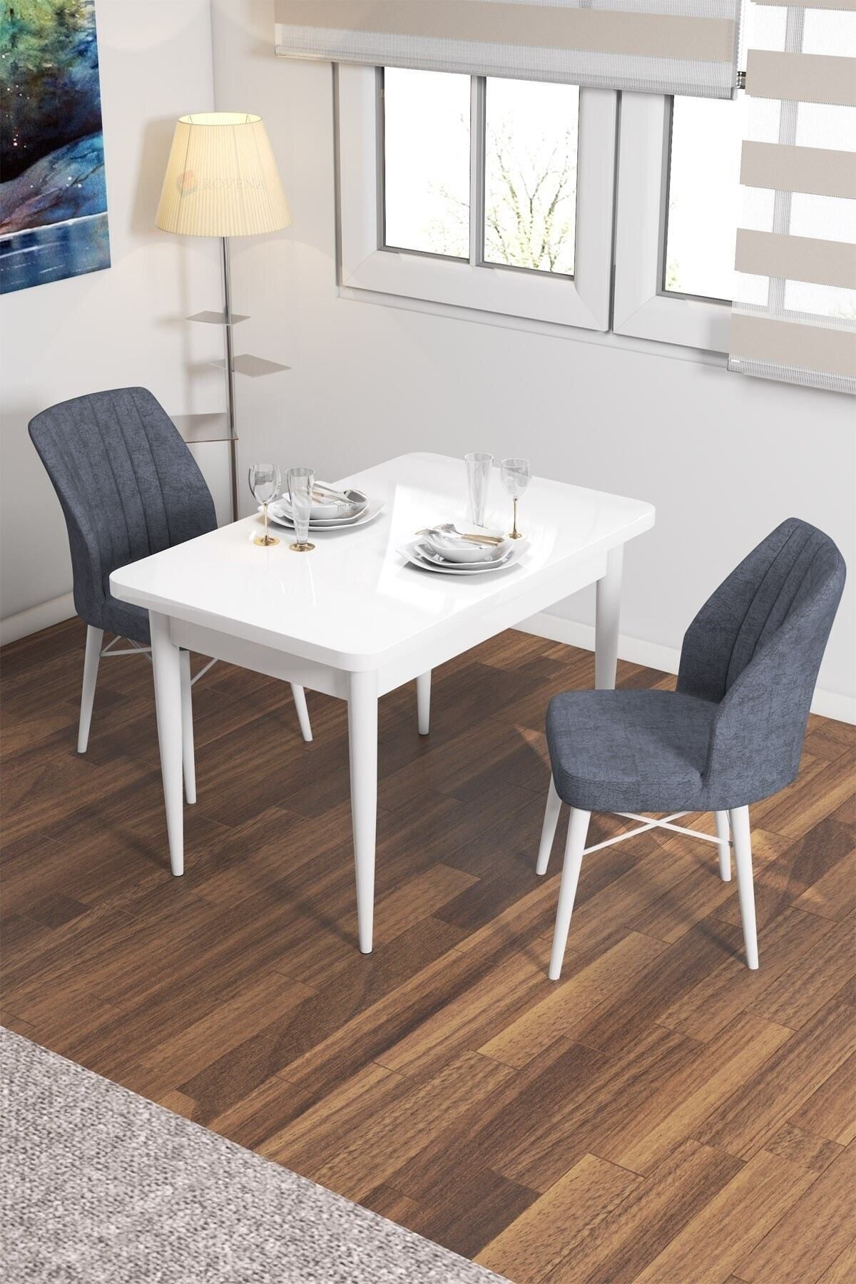 Rima Beyaz 70x110 Mdf Sabit Yemek Masası Takımı 2 Adet Sandalye-0