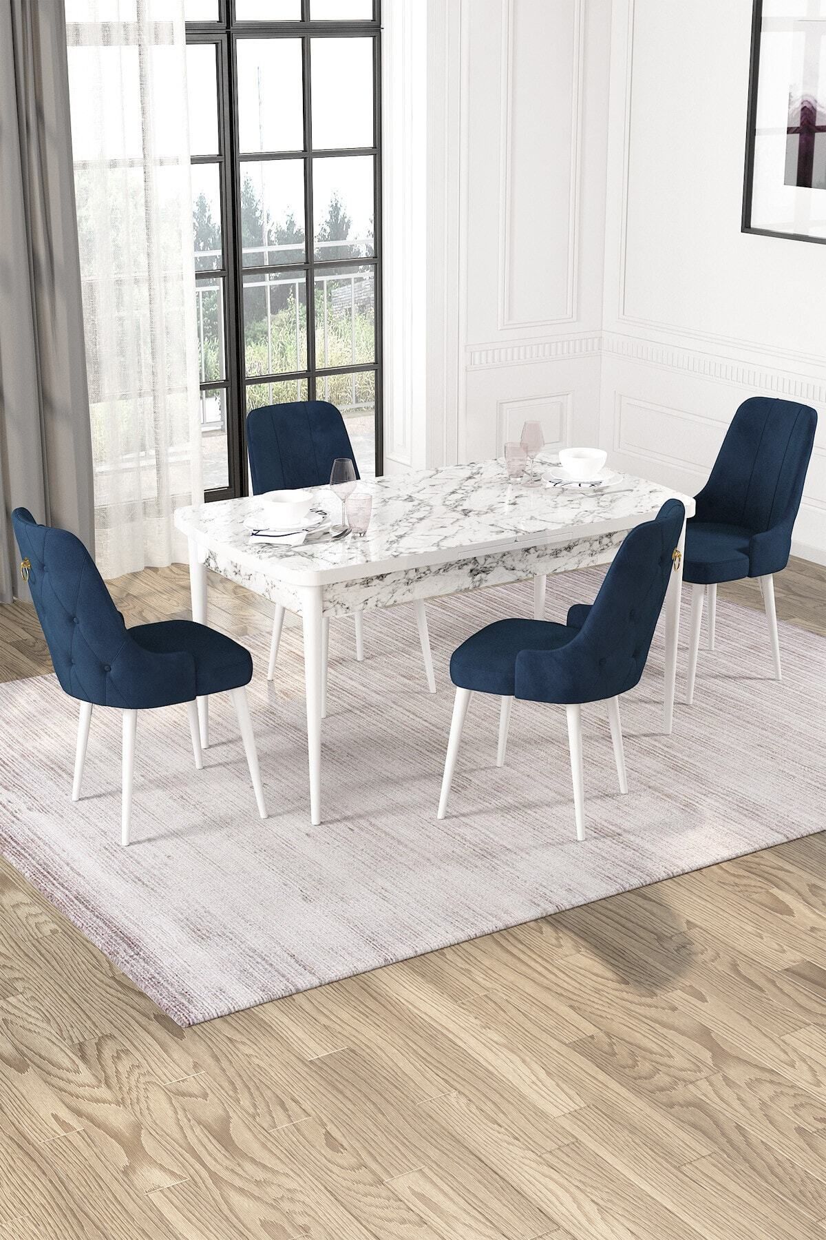 Mabel Beyaz Mermer Desen 80x132 Açılabilir Mdf Mutfak Masası Takımı 4 Adet Sandalye