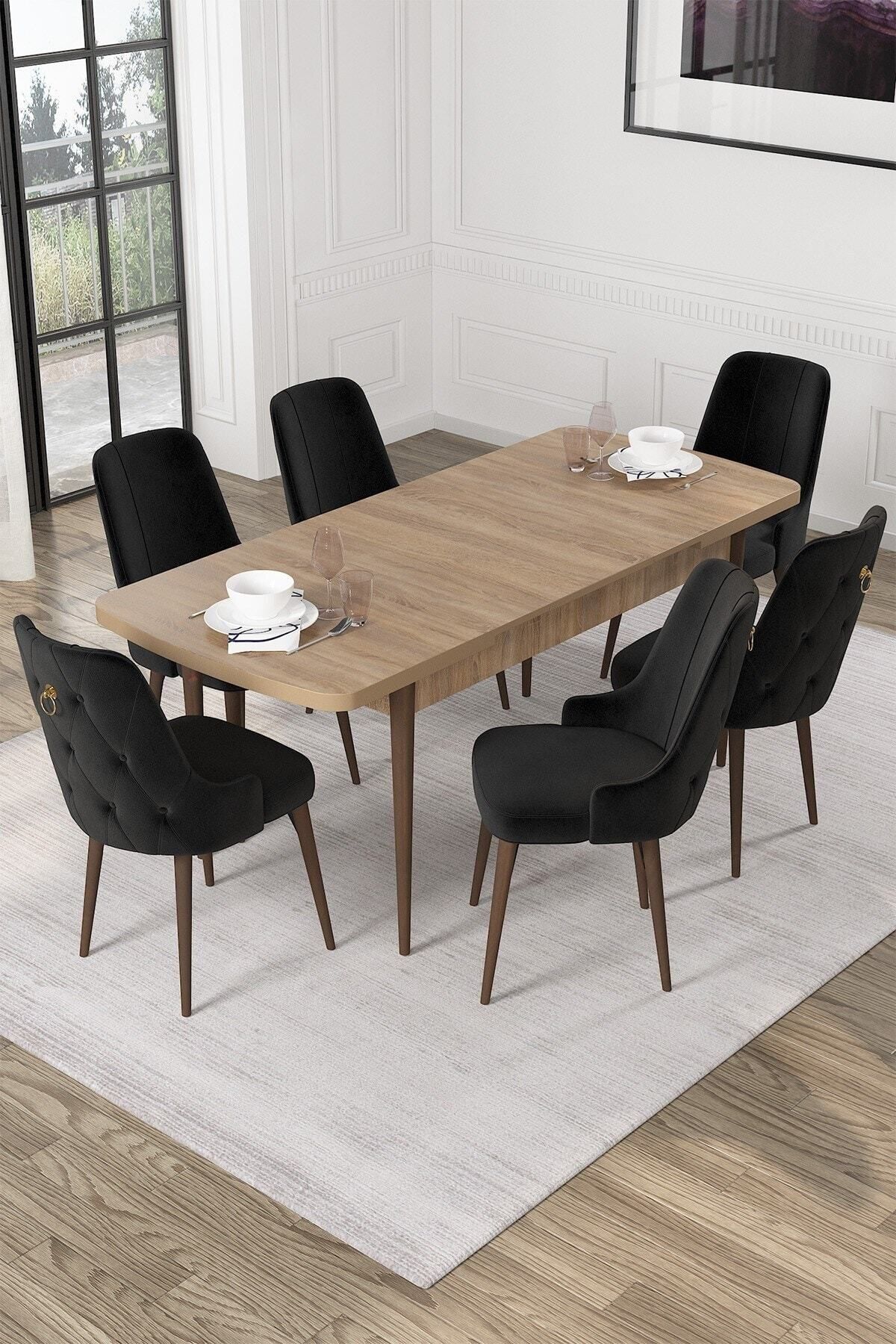 Mabel Siyah Mermer Desen 80x132 Açılabilir Mdf Mutfak Masası Takımı 6 Adet Sandalye-1