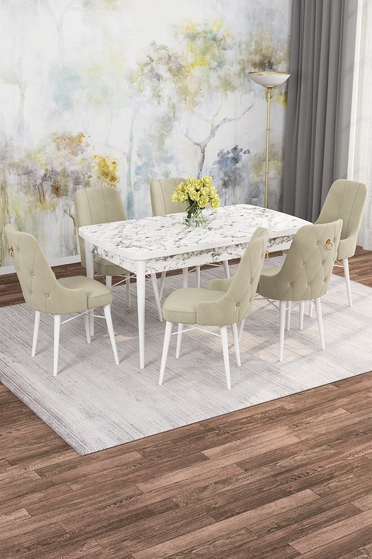 Diana Beyaz Mermer Desen 80x132 Açılabilir Mdf Yemek Masası Takımı 6 Adet Sandalye-0