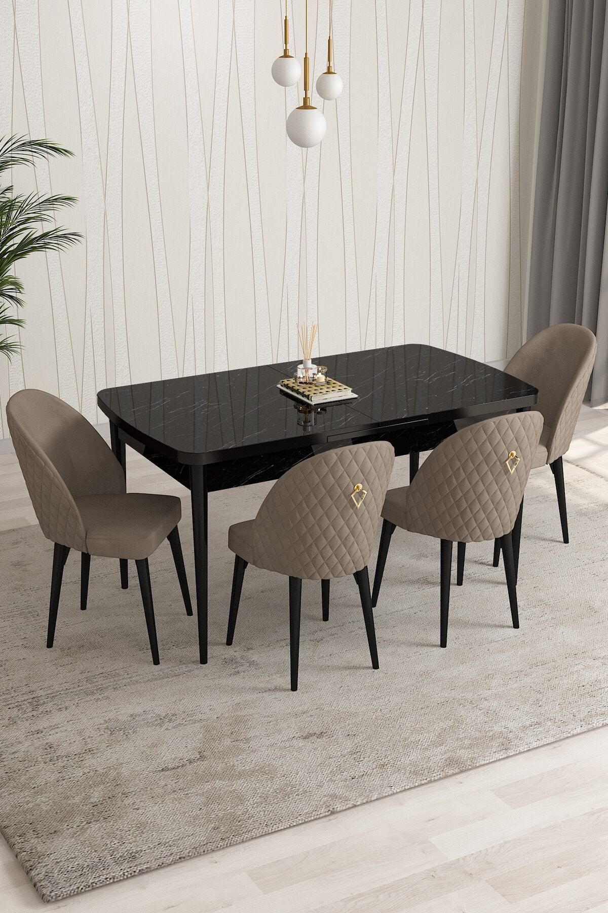 Aleksa Siyah Mermer Desen 80x132 Mdf Açılabilir Mutfak Masası Takımı 4 Adet Sandalye