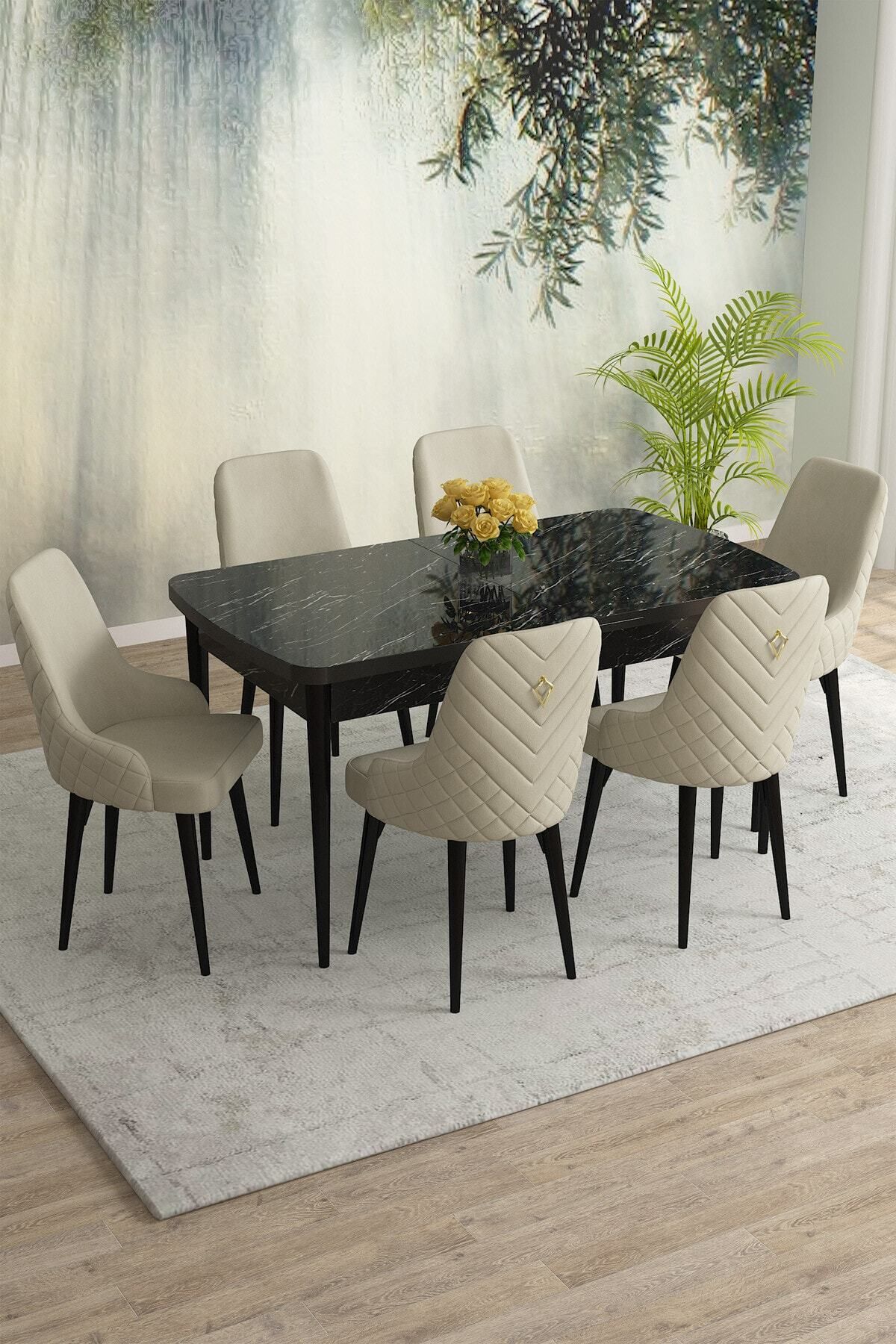 Natan Siyah Mermer Desen 80x132 Mdf Açılabilir Mutfak Masası Takımı 6 Adet Sandalye