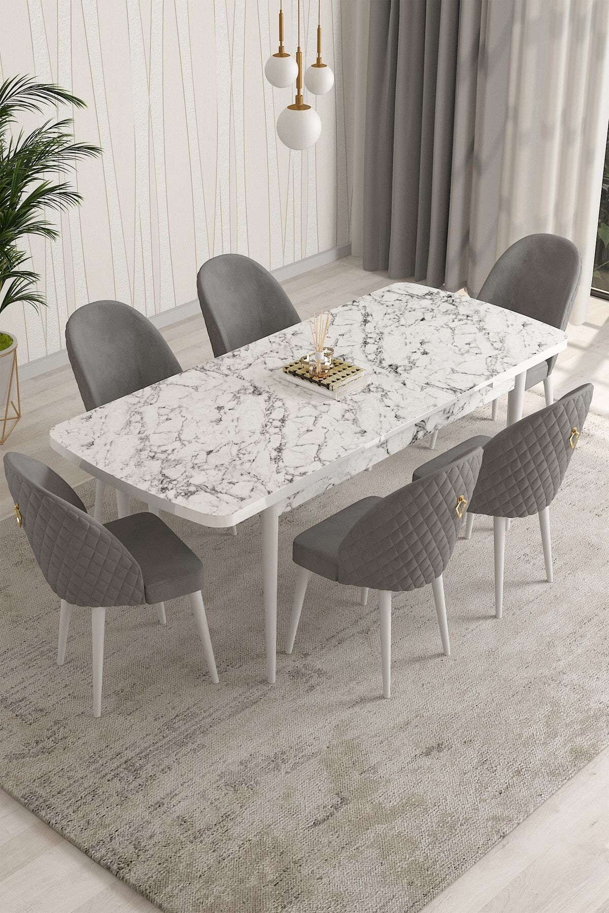 Aleksa Beyaz Mermer Desen 80x132 Mdf Açılabilir Mutfak Masası Takımı 6 Adet Sandalye-1