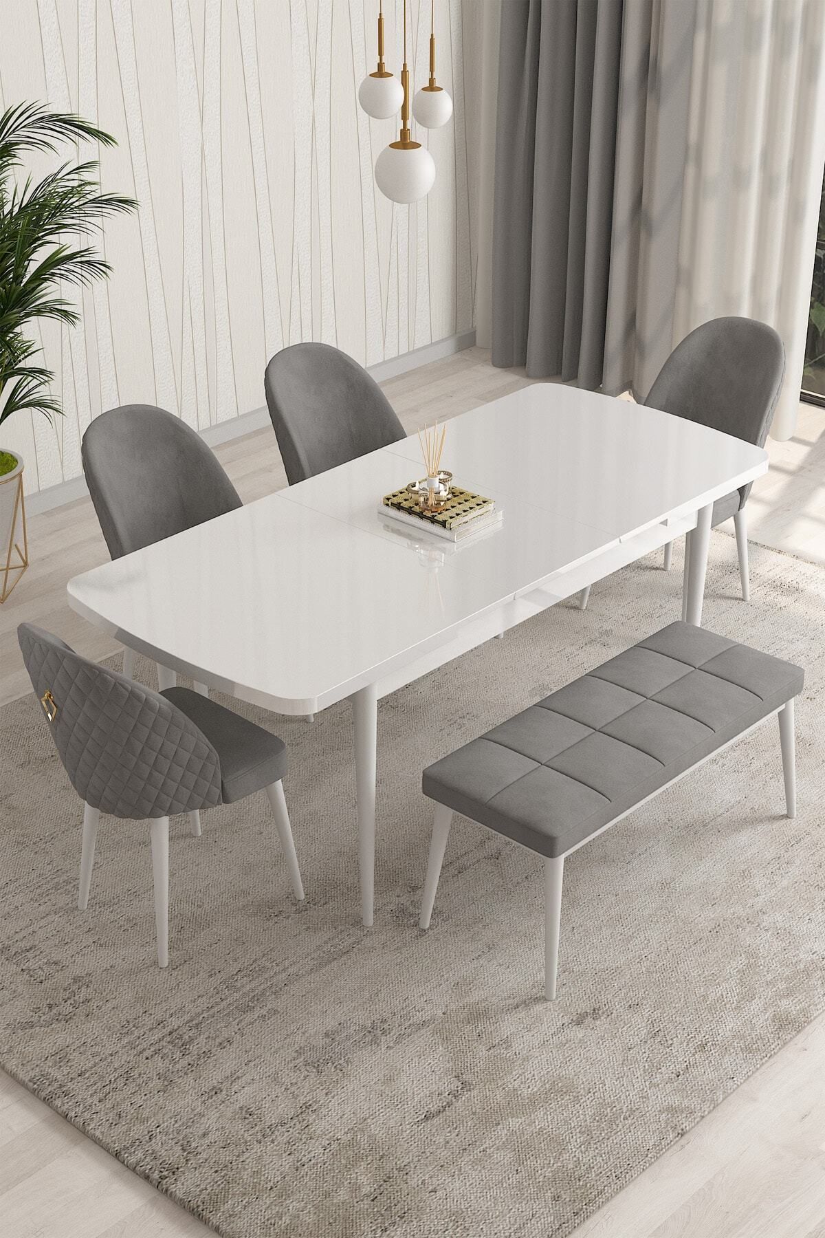 Aleksa Beyaz 80x132 Mdf Açılabilir Mutfak Masası Takımı 4 Sandalye, 1 Bench-1