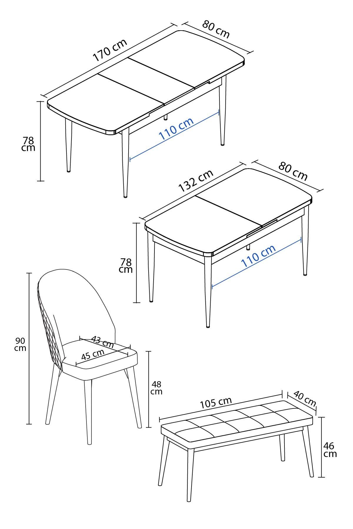 Aleksa Barok Desen 80x132 Mdf Açılabilir Mutfak Masası Takımı 4 Sandalye, 1 Bench-4