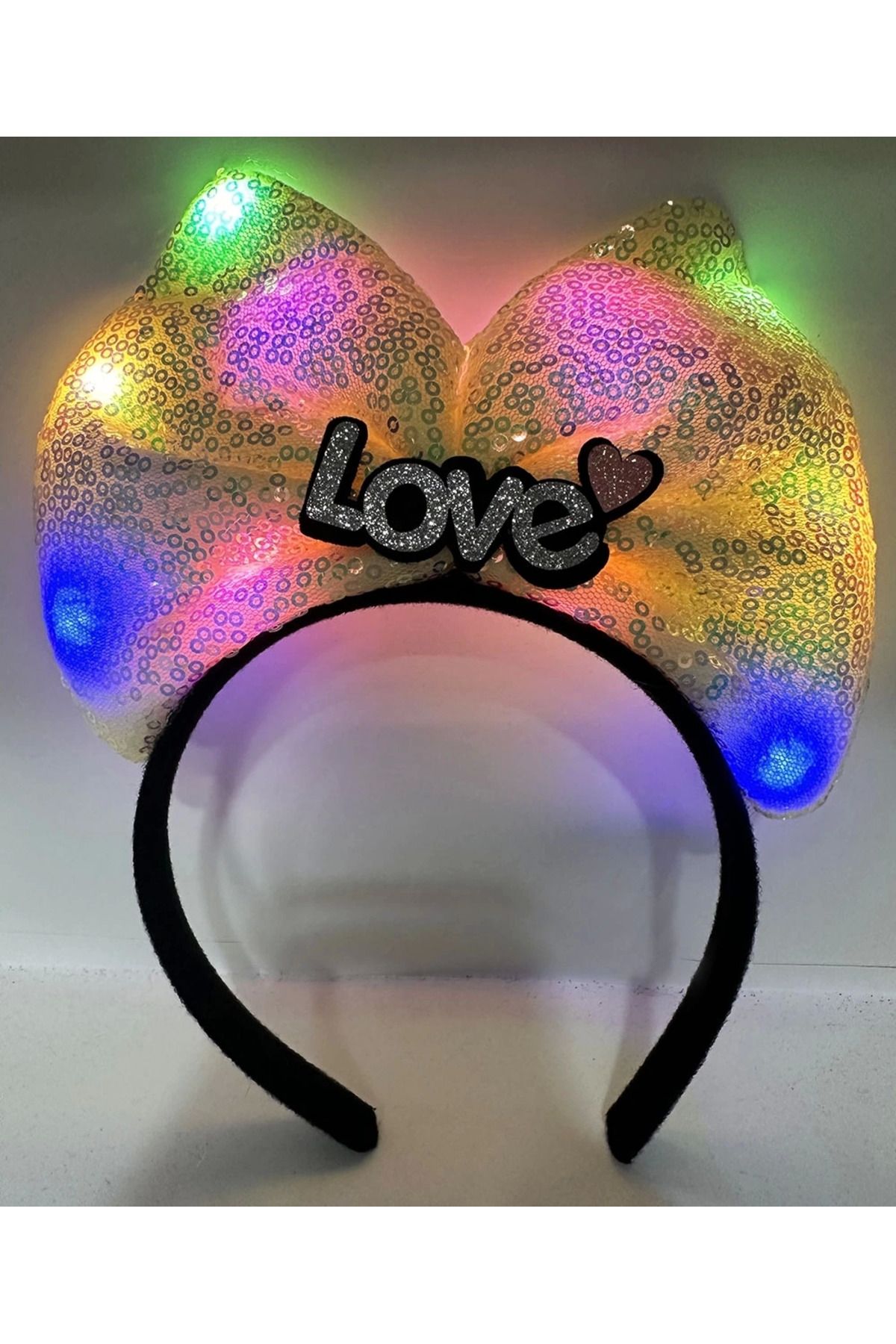 BRL Led Işıklı 3 Farklı Fonksiyonda Yanan Gümüş Love Yazılı Sarı Fiyonk Taç 20x17 Cm