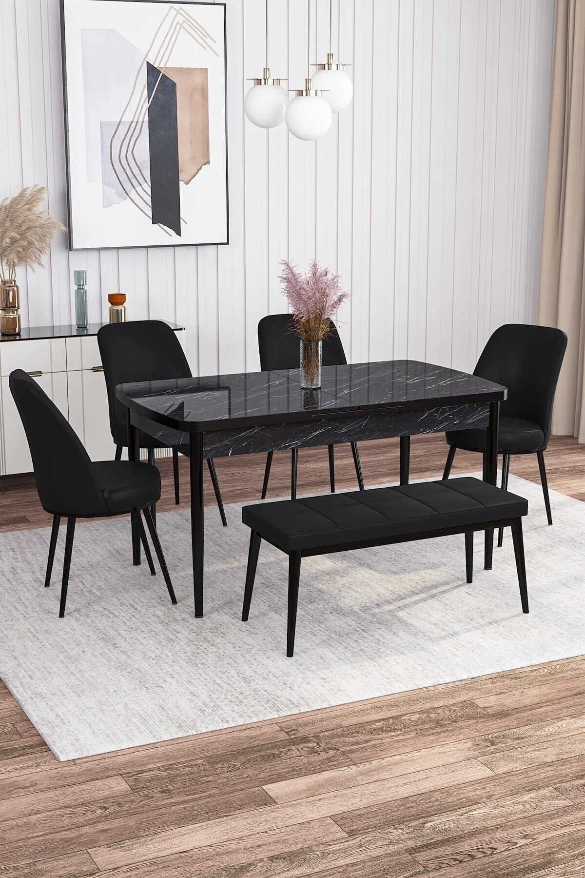 Tora Siyah Mermer Desen 80x132 Mdf Açılabilir Yemek Masası Takımı 4 Sandalye, 1 Bench