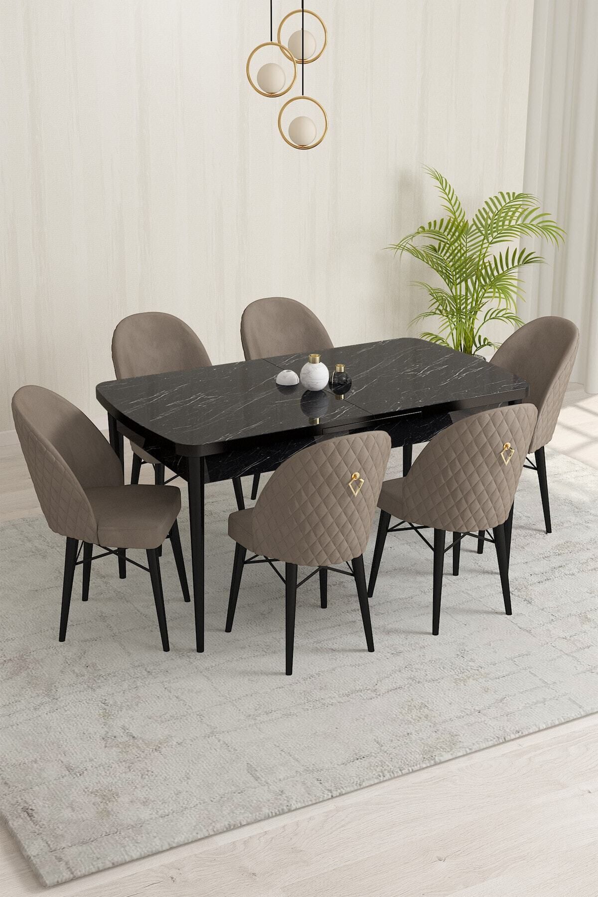 violeta Siyah Mermer Desen 80x132 Mdf Açılabilir Yemek Masası Takımı 6 Adet Sandalye-0