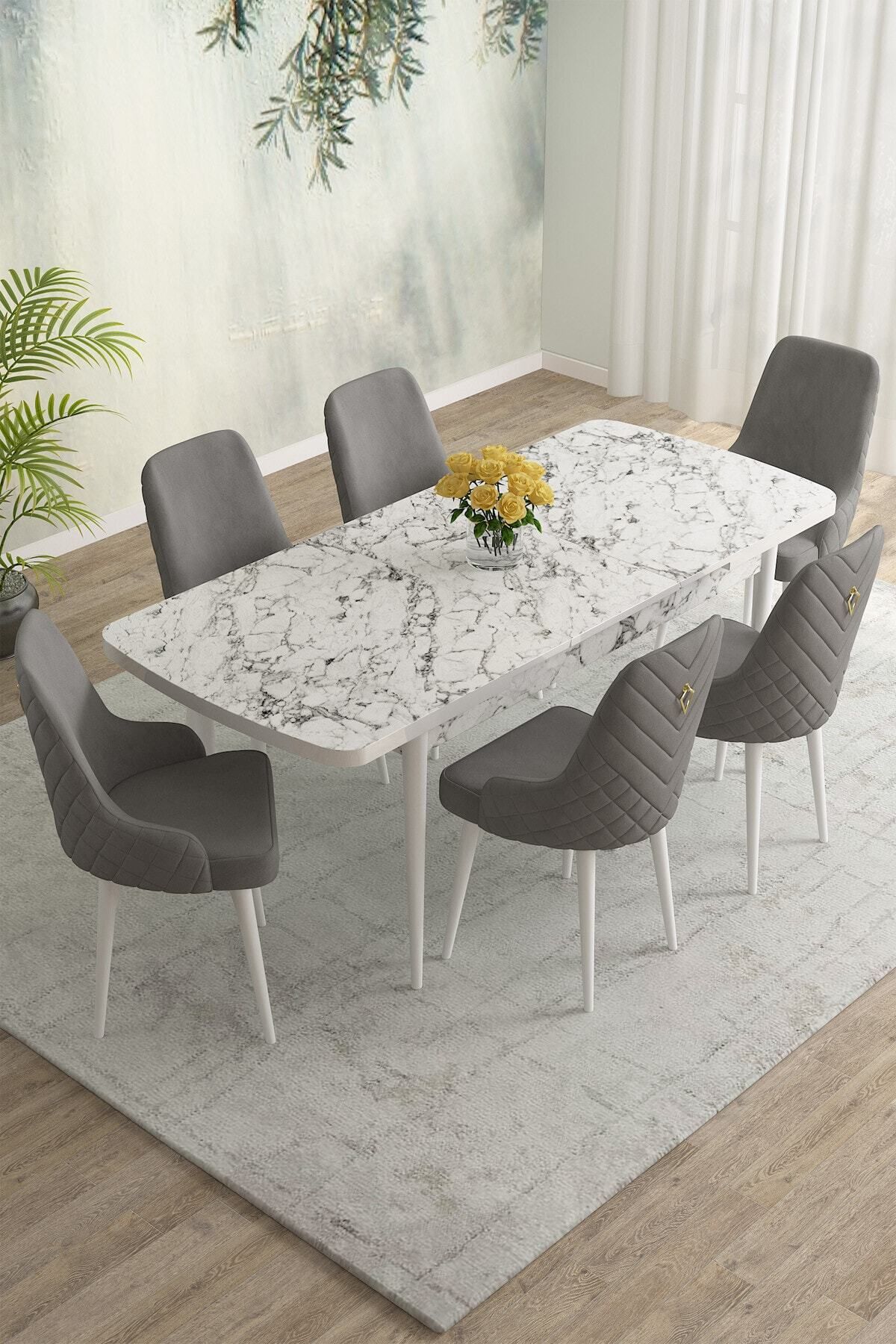 Natan Beyaz Mermer Desen 80x132 Mdf Açılabilir Yemek Masası Takımı 6 Adet Sandalye-1