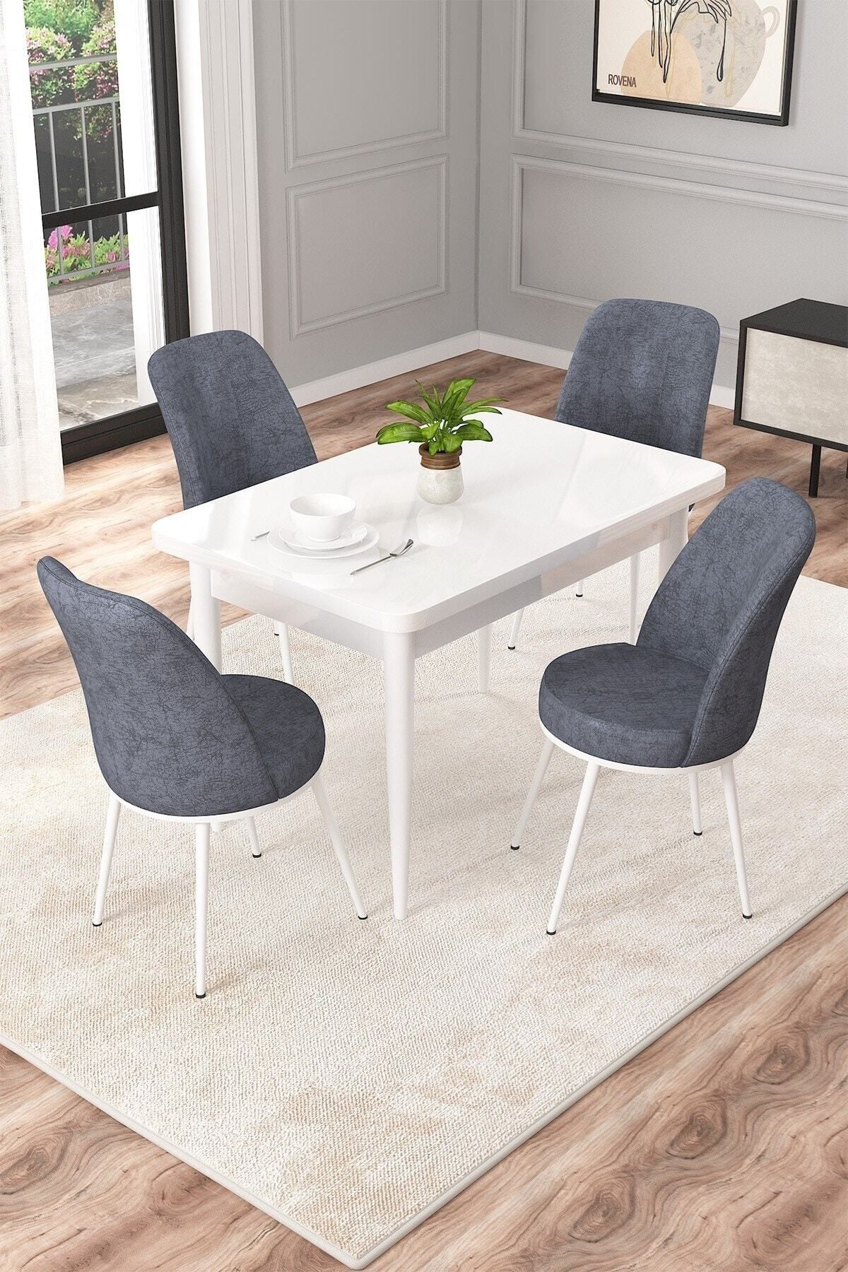 Ema Beyaz 70x110 Mdf Sabit Yemek Masası Takımı 4 Adet Sandalye-0