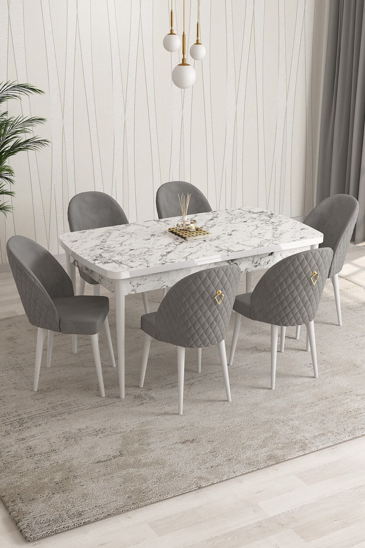 Aleksa Beyaz Mermer Desen 80x132 Mdf Açılabilir Mutfak Masası Takımı 6 Adet Sandalye-0