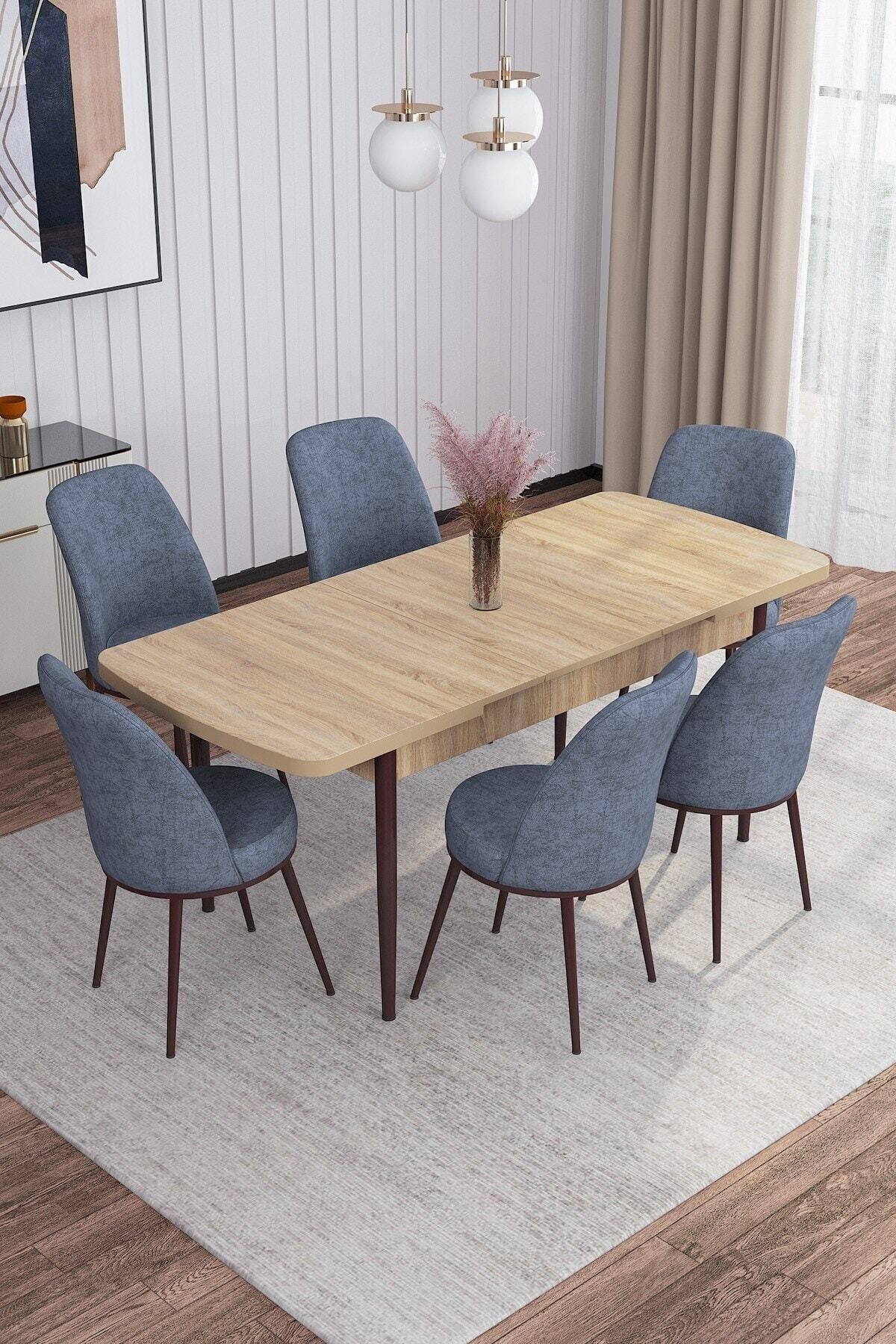 Tora Meşe Desen 80x132 Mdf Açılabilir Yemek Masası Takımı 6 Adet Sandalye-1