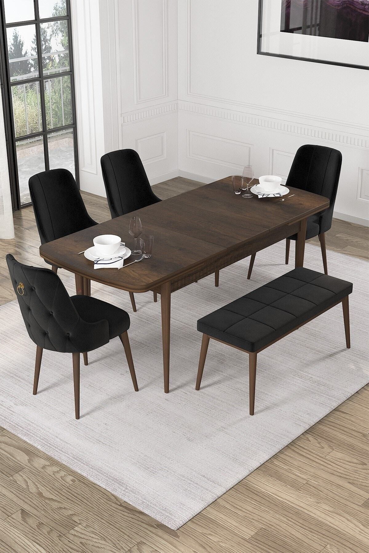 Mabel Barok Desen 80x132 Mdf Açılabilir Yemek Masası Takımı 4 Sandalye, 1 Bench-1
