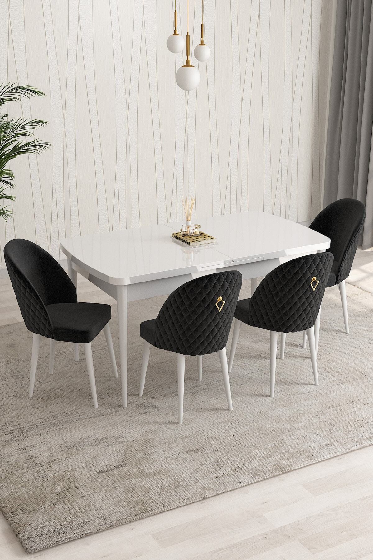 Aleksa Beyaz 80x132 Mdf Açılabilir Mutfak Masası Takımı 4 Adet Sandalye-0