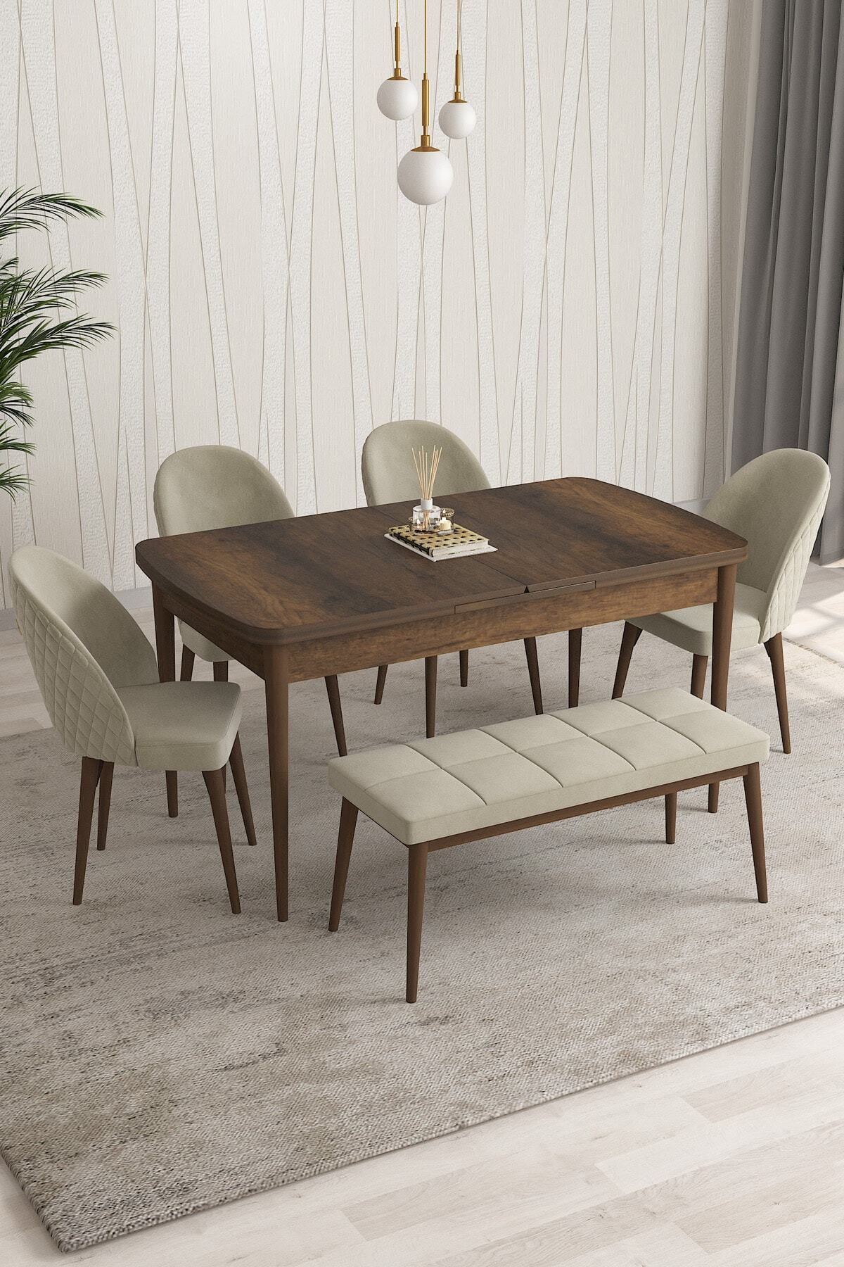 Aleksa Barok Desen 80x132 Mdf Açılabilir Mutfak Masası Takımı 4 Sandalye, 1 Bench-0