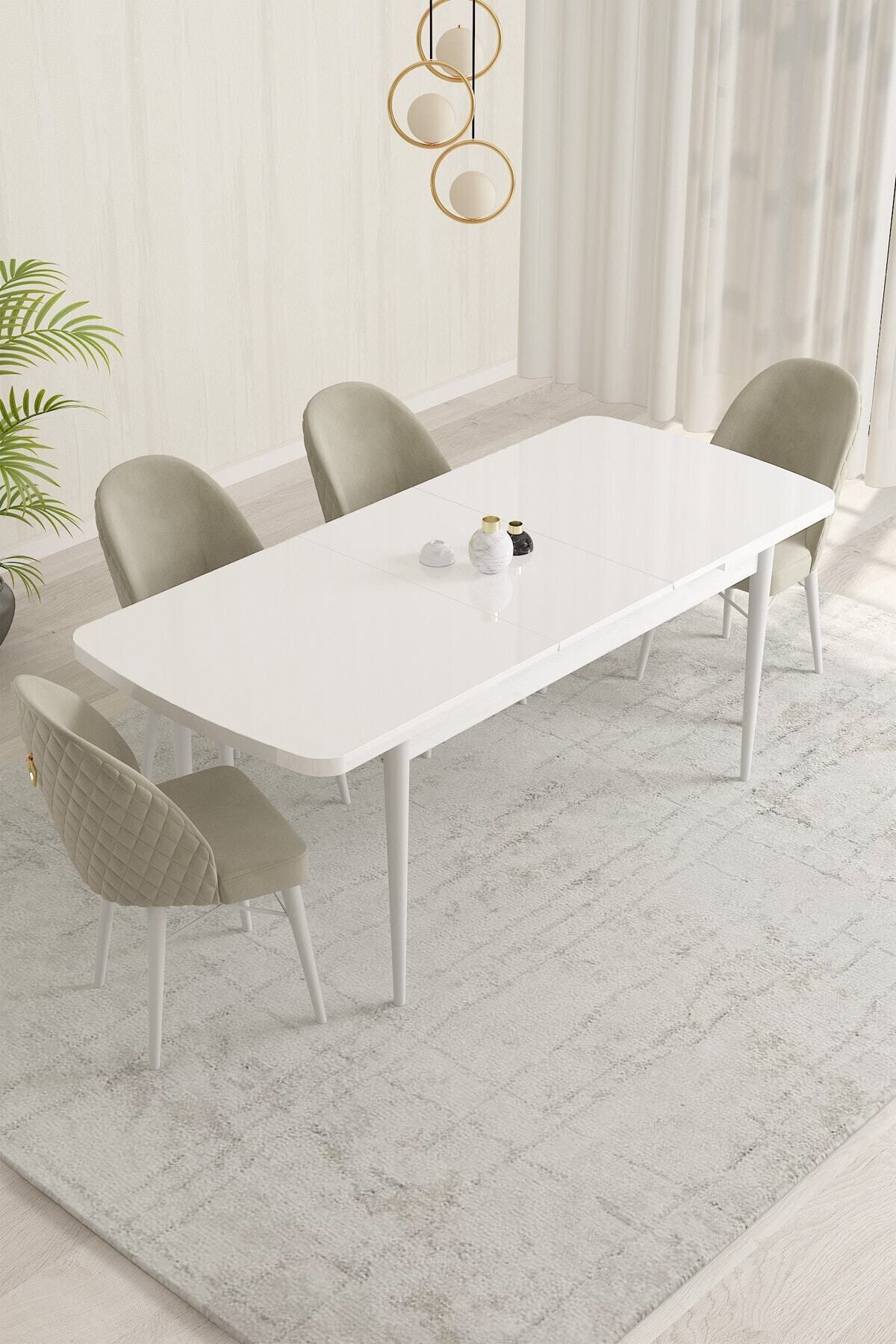 violeta Beyaz 80x132 Mdf Açılabilir Yemek Masası Takımı 4 Adet Sandalye-1
