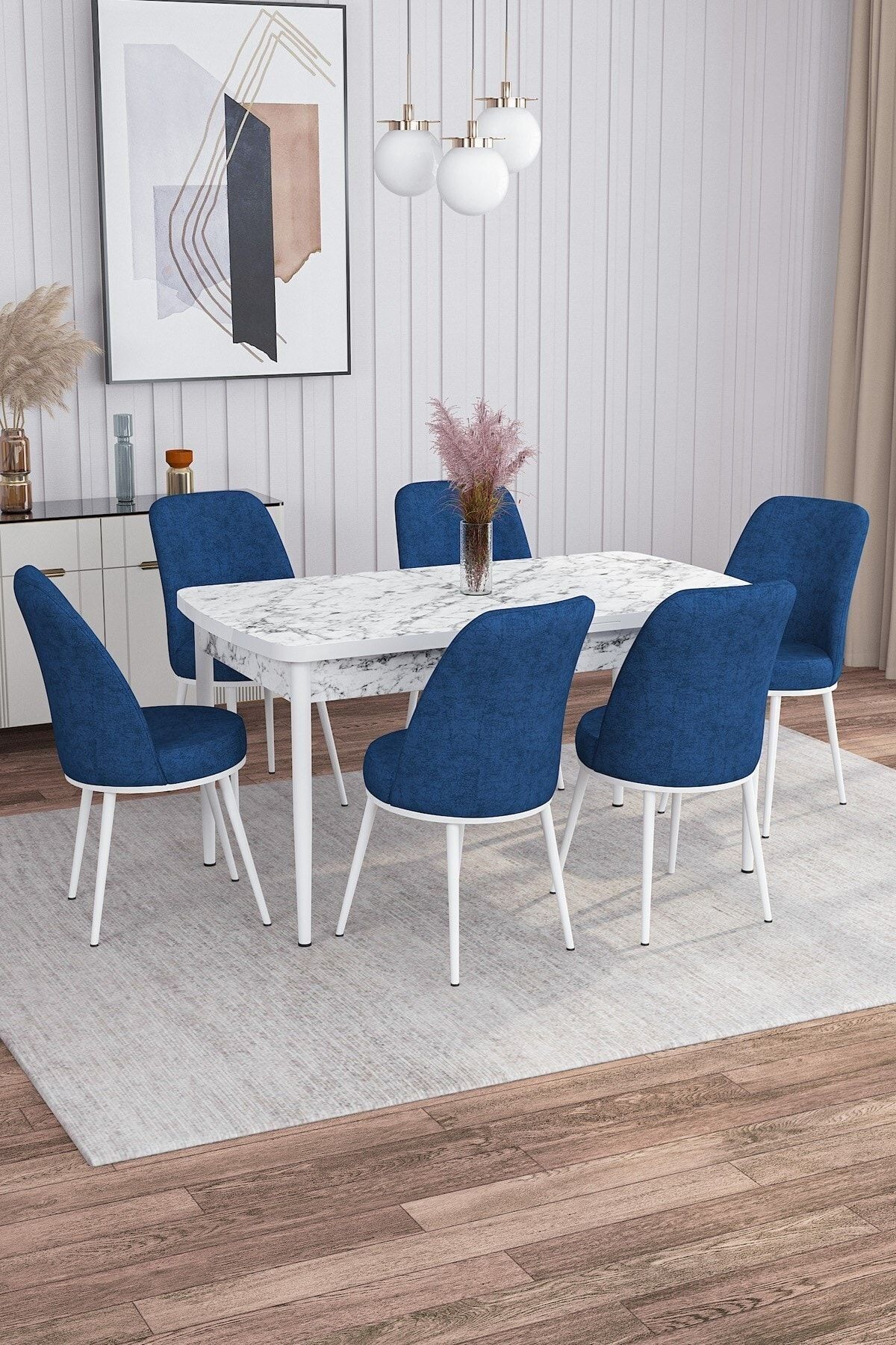 Guste Beyaz Mermer Desen 80x132 Açılabilir Mutfak Masası Takımı 6 Adet Sandalye-0