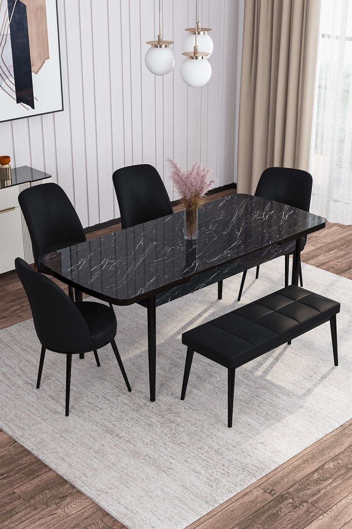 Tora Siyah Mermer Desen 80x132 Mdf Açılabilir Yemek Masası Takımı 4 Sandalye, 1 Bench-1