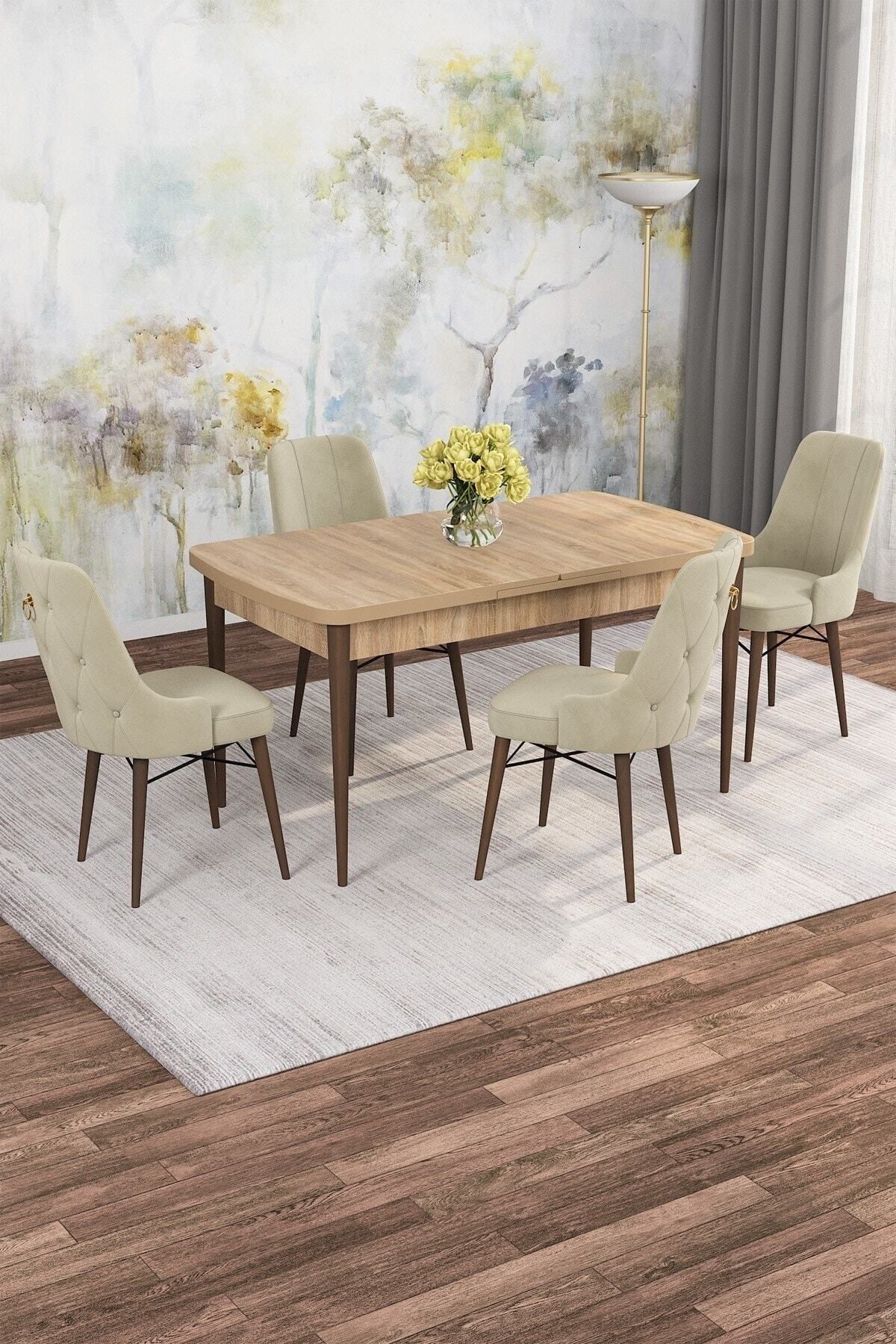 Diana Meşe Desen 80x132 Açılabilir Mdf Yemek Masası Takımı 4 Adet Sandalye-0