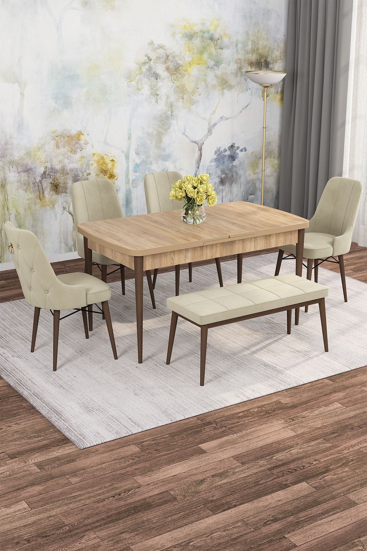 Mirka Meşe 4 Sandalye, 1 Bench Mutfak ve Salon Yemek Masası Takımı (AÇILABİLİR)