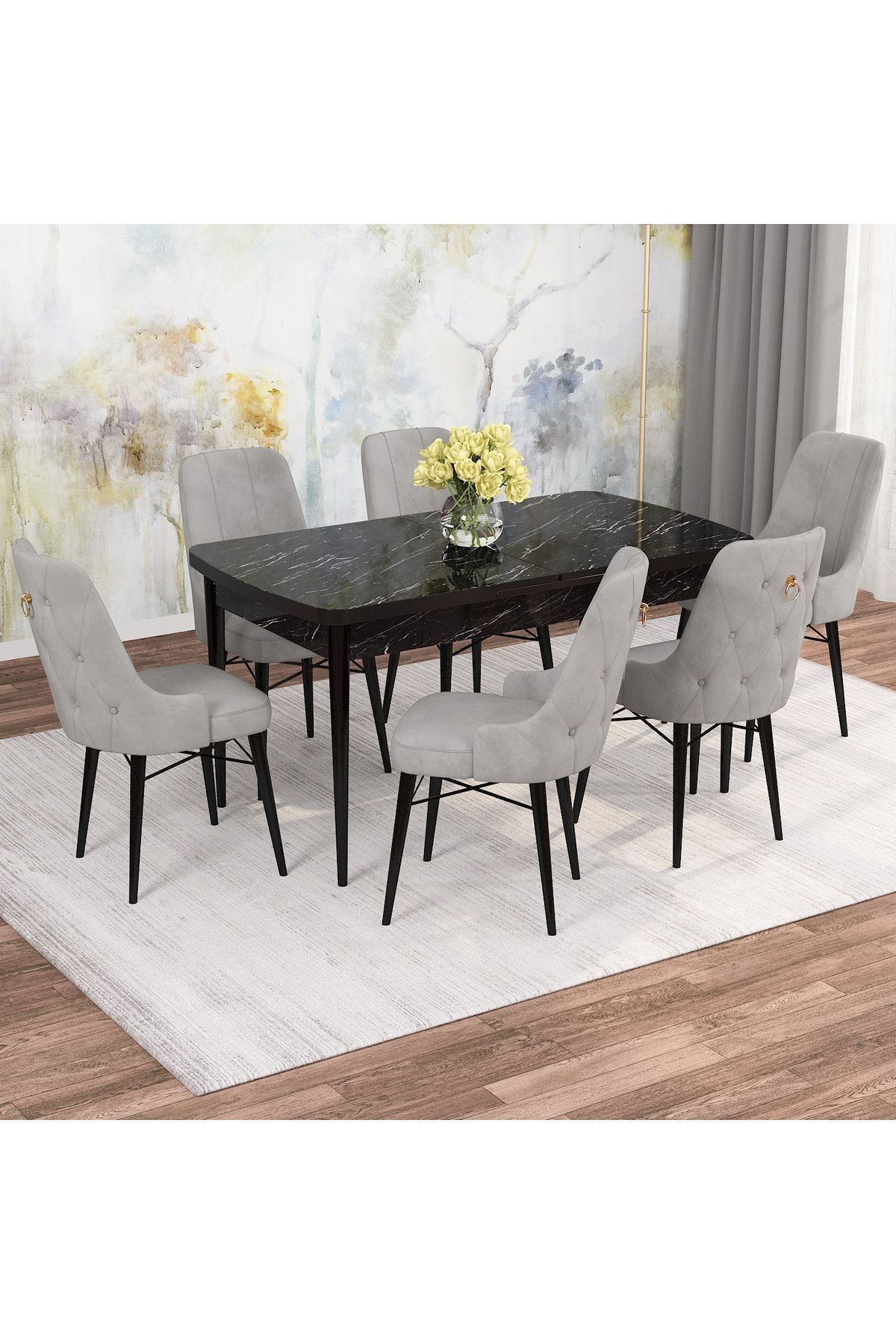 Mirka Siyah Mermer Desen 80x132 Açılabilir Mutfak Masası Takımı 6 Adet Sandalye-0