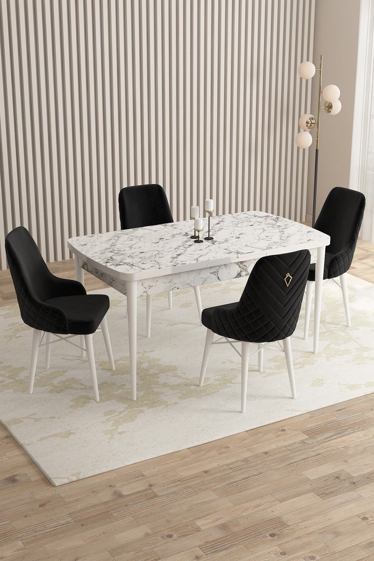 Laura Beyaz Mermer Desen 80x132 Mdf Açılabilir Mutfak Masası Takımı 4 Adet Sandalye-0