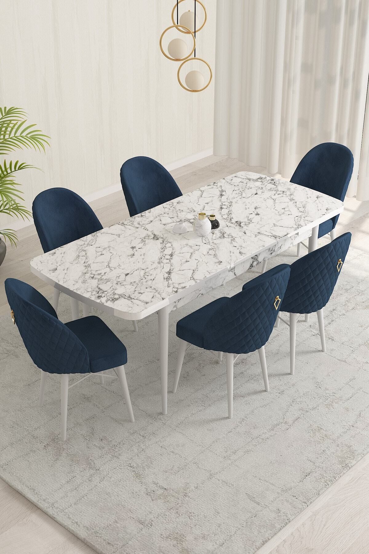 violeta Beyaz Mermer Desen 80x132 Mdf Açılabilir Yemek Masası Takımı 6 Adet Sandalye-1