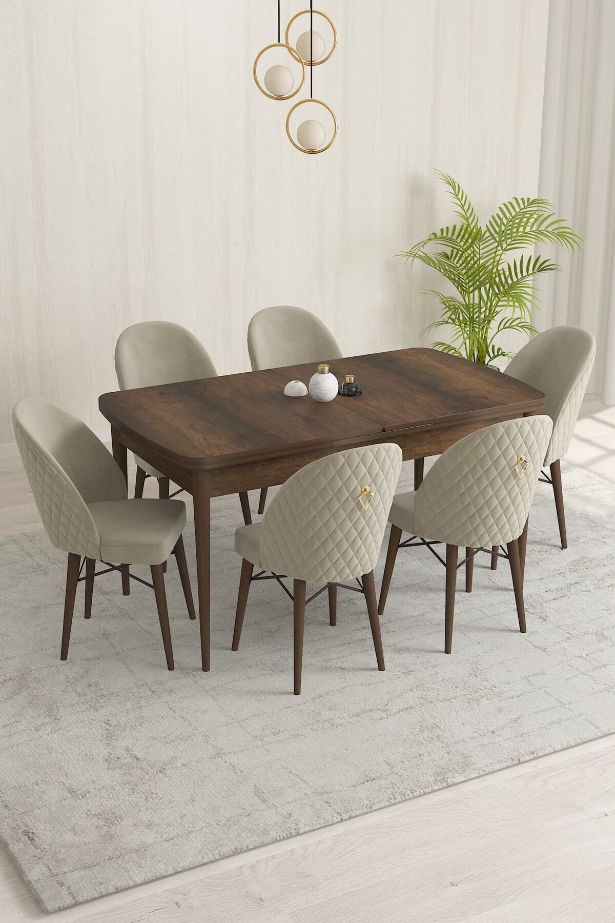 violeta Barok Desen 80x132 Mdf Açılabilir Yemek Masası Takımı 6 Adet Sandalye-0