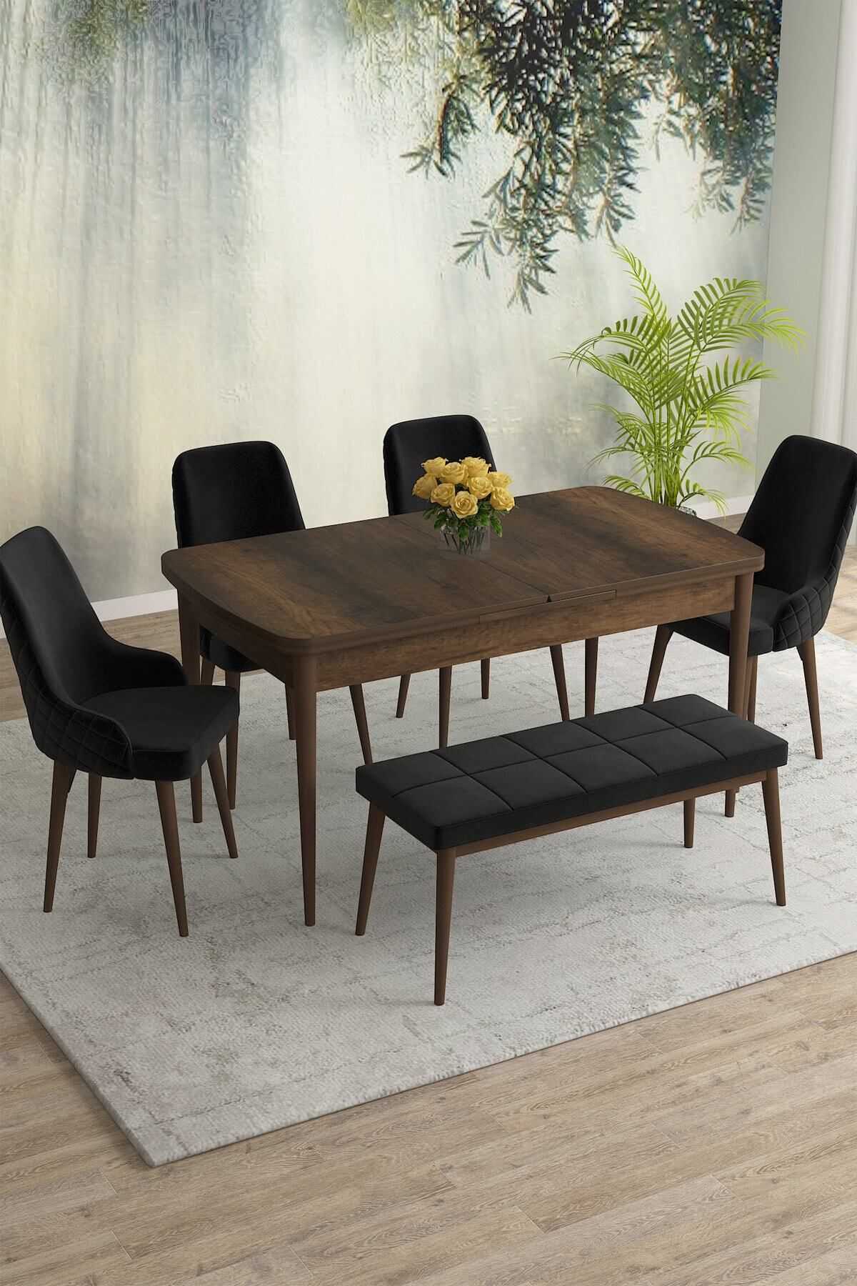 Natan Barok Desen 80x132 Mdf Açılabilir Mutfak Masası Takımı 4 Sandalye, 1 Bench