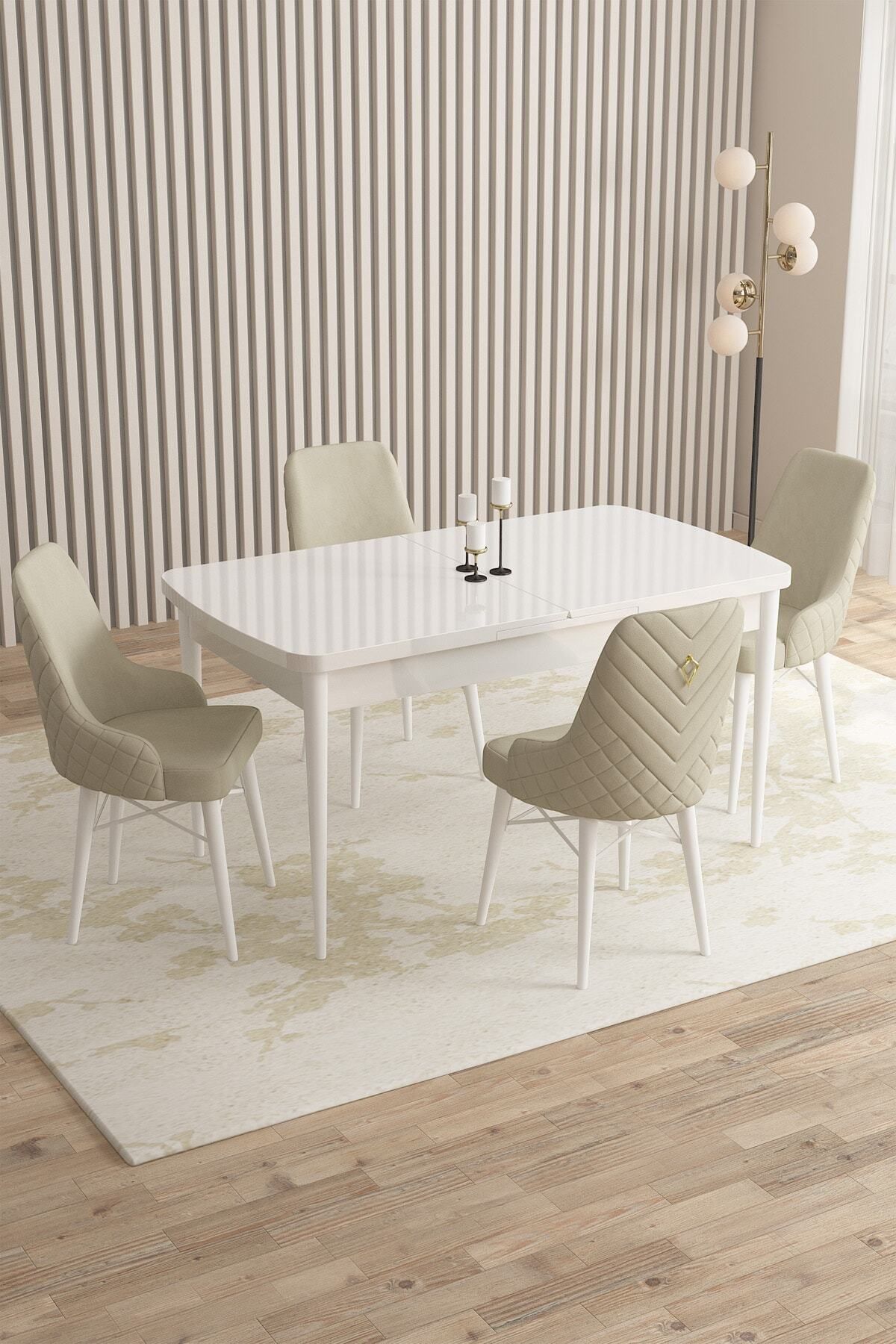 Laura Beyaz 80x132 Mdf Açılabilir Mutfak Masası Takımı 4 Adet Sandalye-0