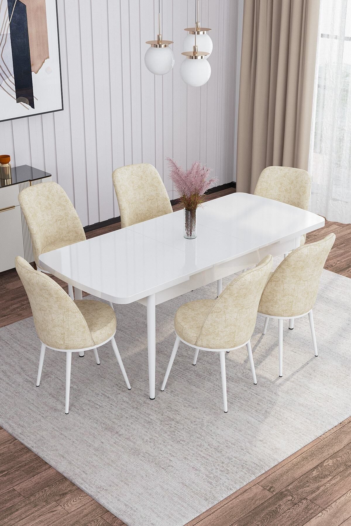 Tora Beyaz 80x132 boyutunda Mdf Açılabilir Yemek Masası Takımı 6 Adet Sandalye-1