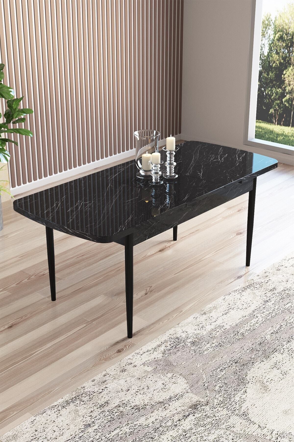 Radu Siyah Mermer Desen 80x132 Mdf Açılabilir Mutfak Masası Takımı 6 Adet Sandalye-2