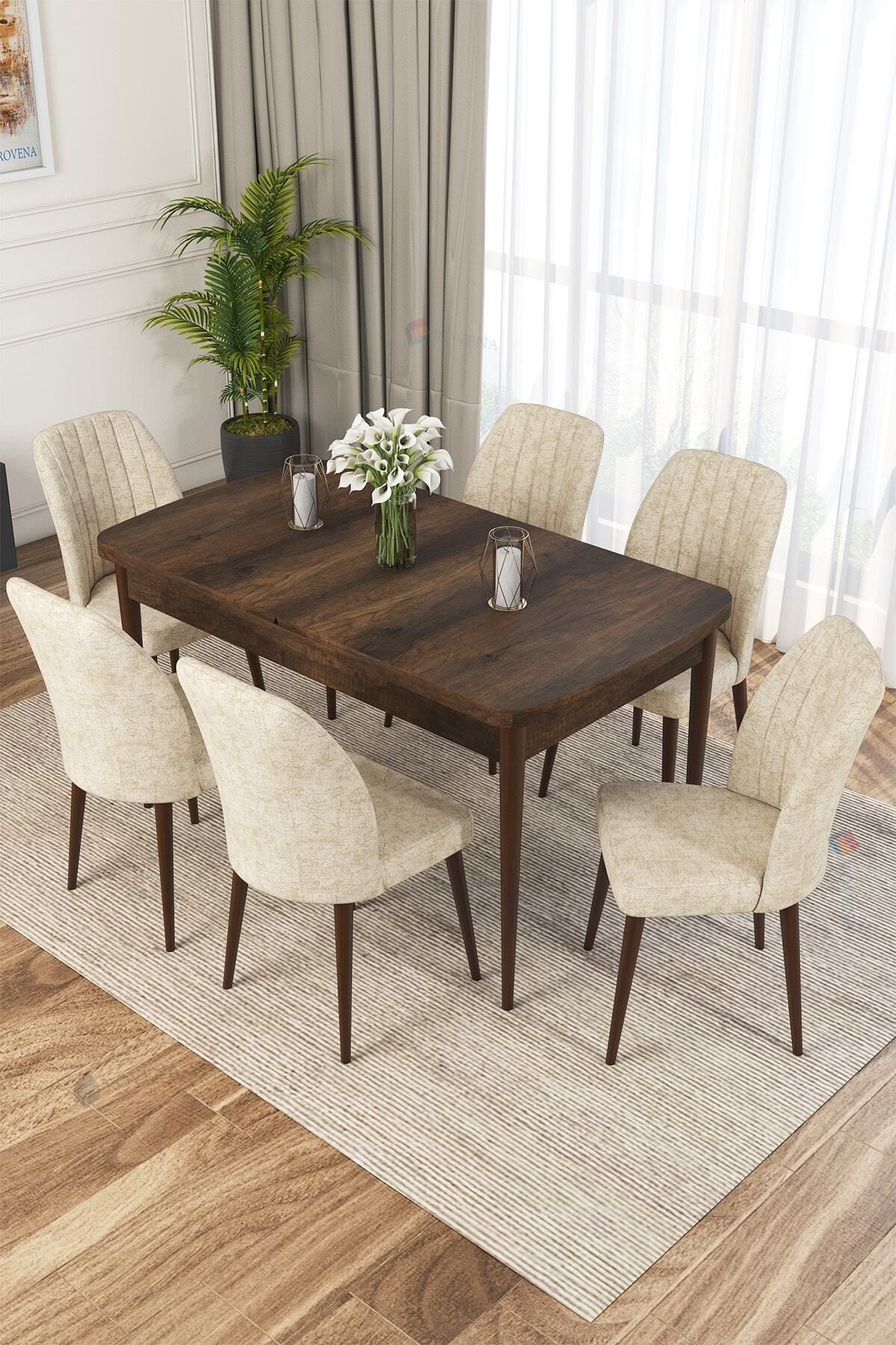 Molis Barok Desen 80x132 Mdf Açılabilir Mutfak Masası Takımı 6 Adet Sandalye-0