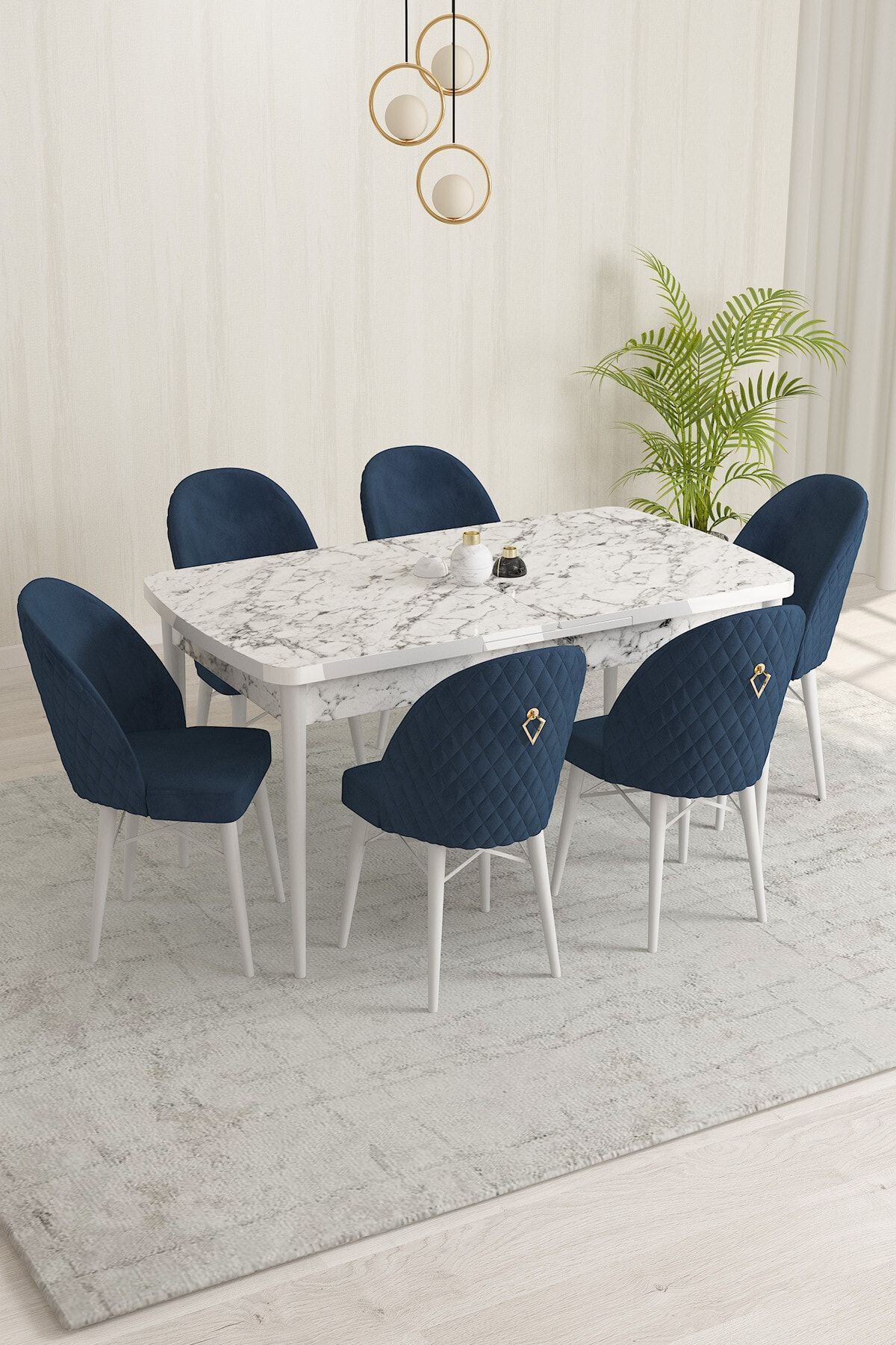 violeta Beyaz Mermer Desen 80x132 Mdf Açılabilir Mutfak Masası Takımı 6 Adet Sandalye-0