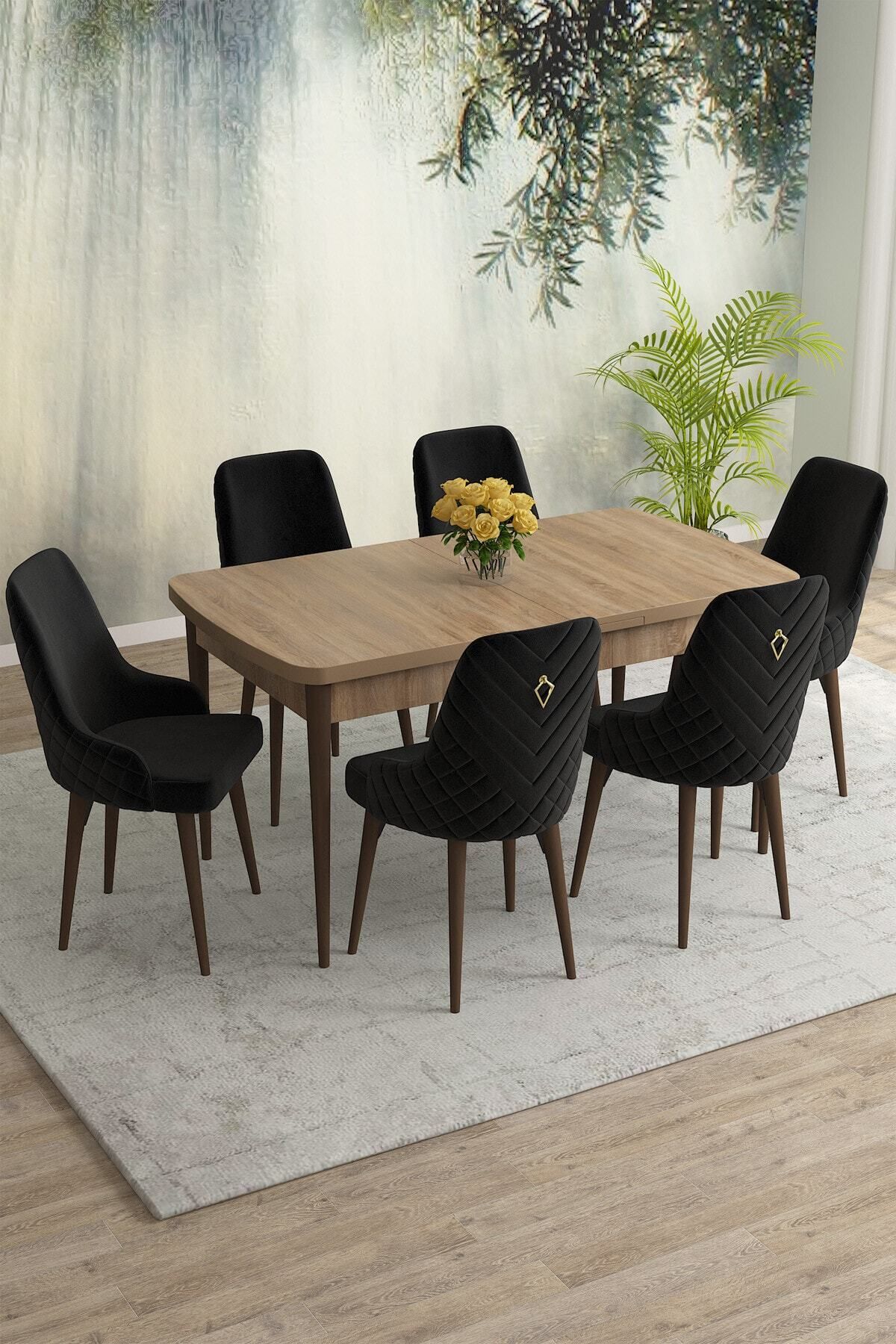 Natan Meşe Desen 80x132 Mdf Açılabilir Mutfak Masası Takımı 6 Adet Sandalye