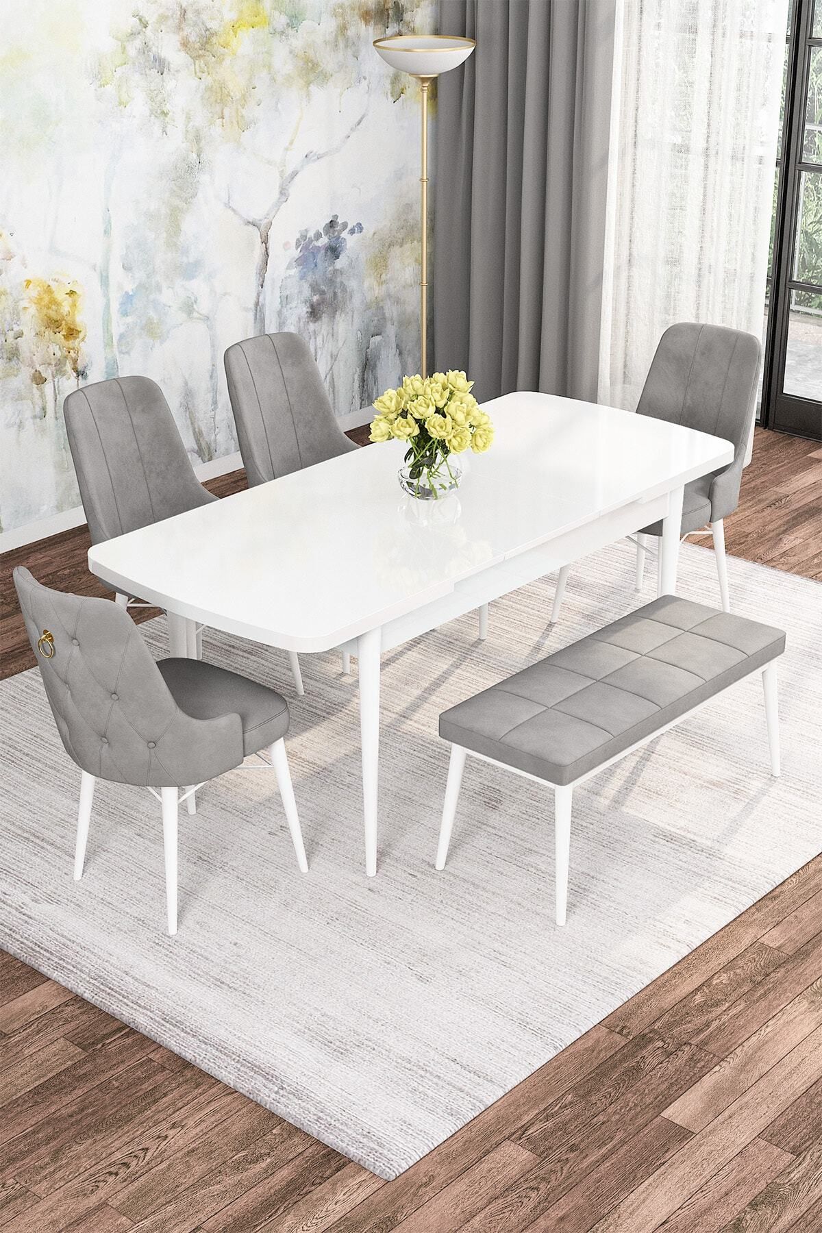 Diana Beyaz 80x132 Mdf Açılabilir Mutfak Masası Takımı 4 Sandalye, 1 Bench-1
