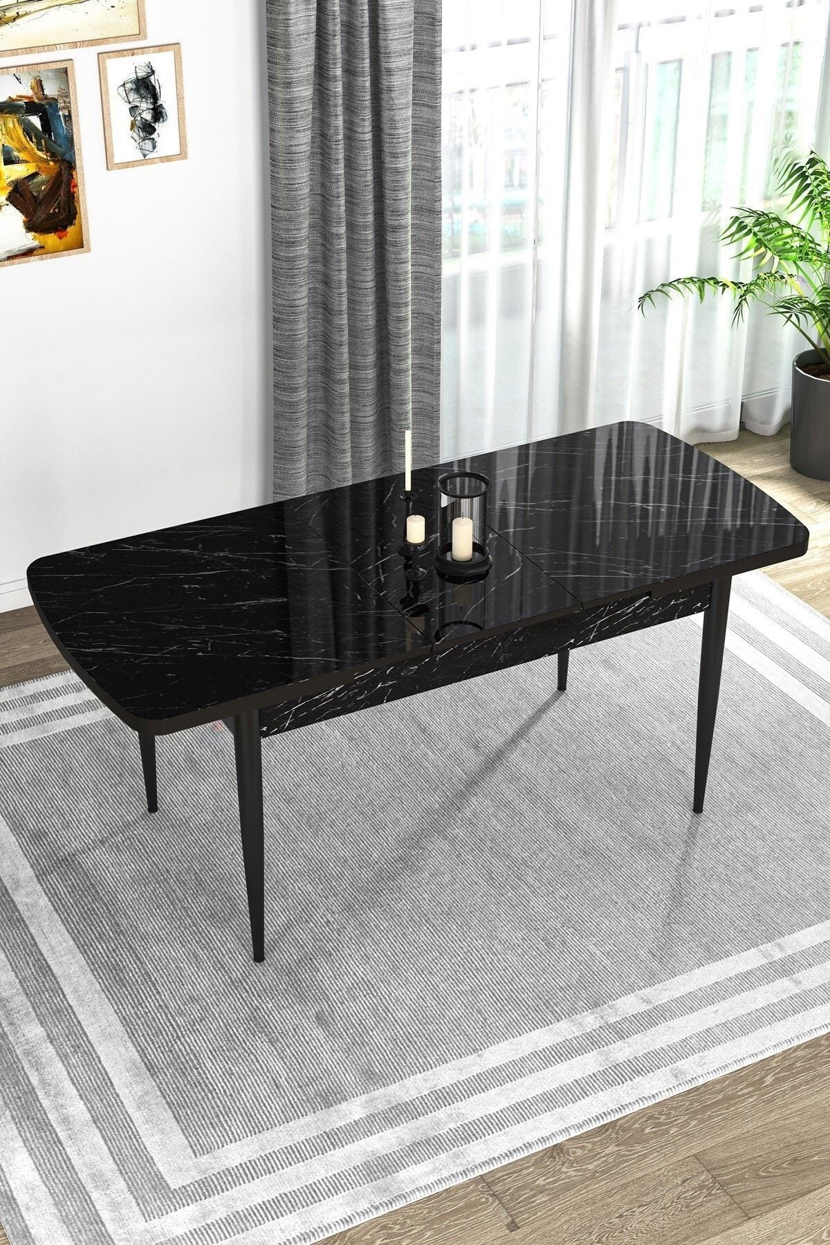 Tora Siyah Mermer Desen 80x132 Mdf Açılabilir Yemek Masası Takımı 4 Sandalye, 1 Bench-3