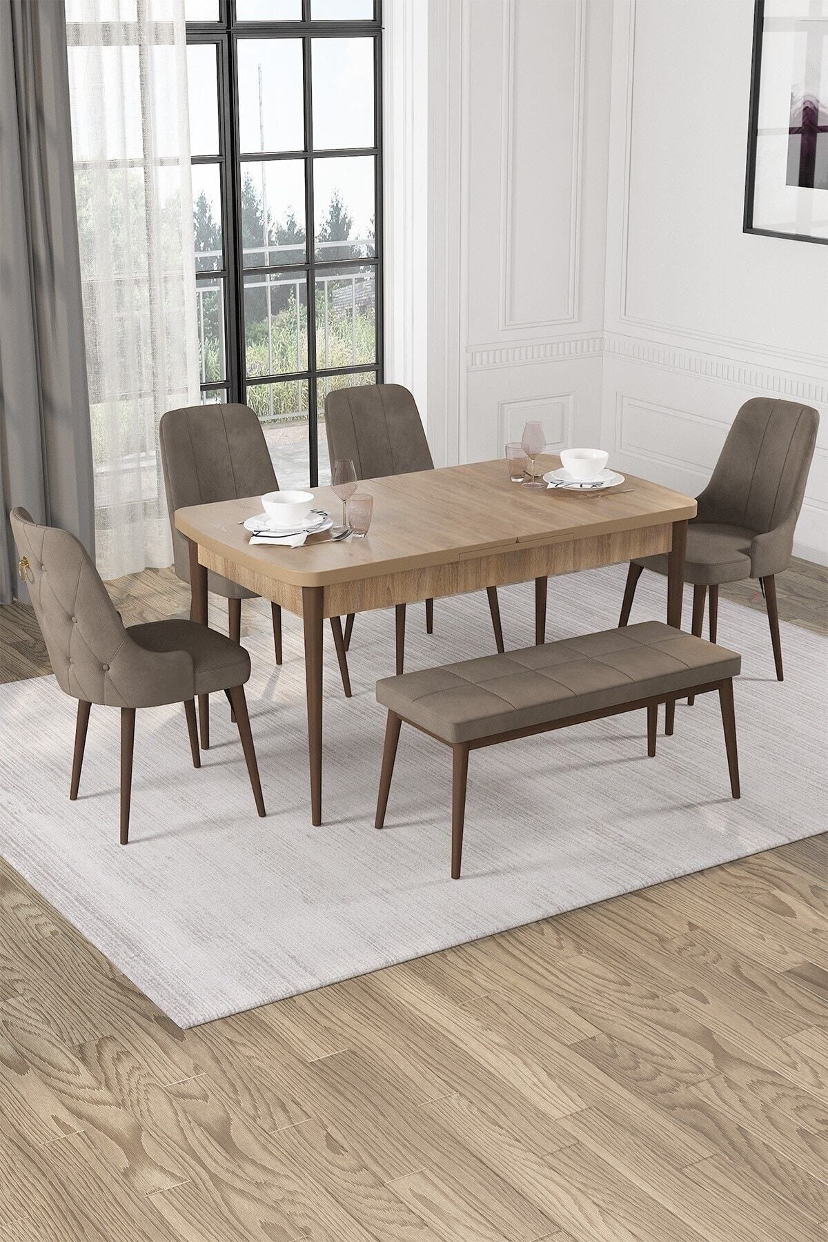 Mabel Meşe Desen 80x132 Mdf Açılabilir Yemek Masası Takımı 4 Sandalye, 1 Bench-1
