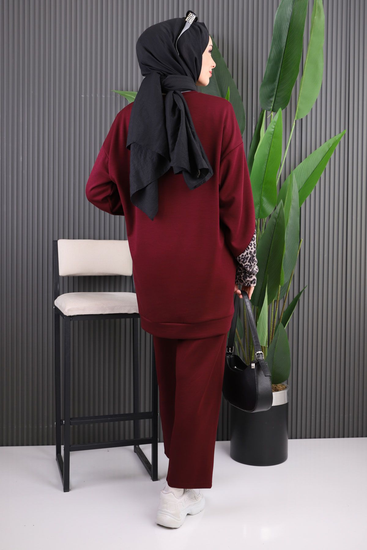 İmajButik-Burgundy Gray Leather Garnished Modal Tunic Pants Suit 4