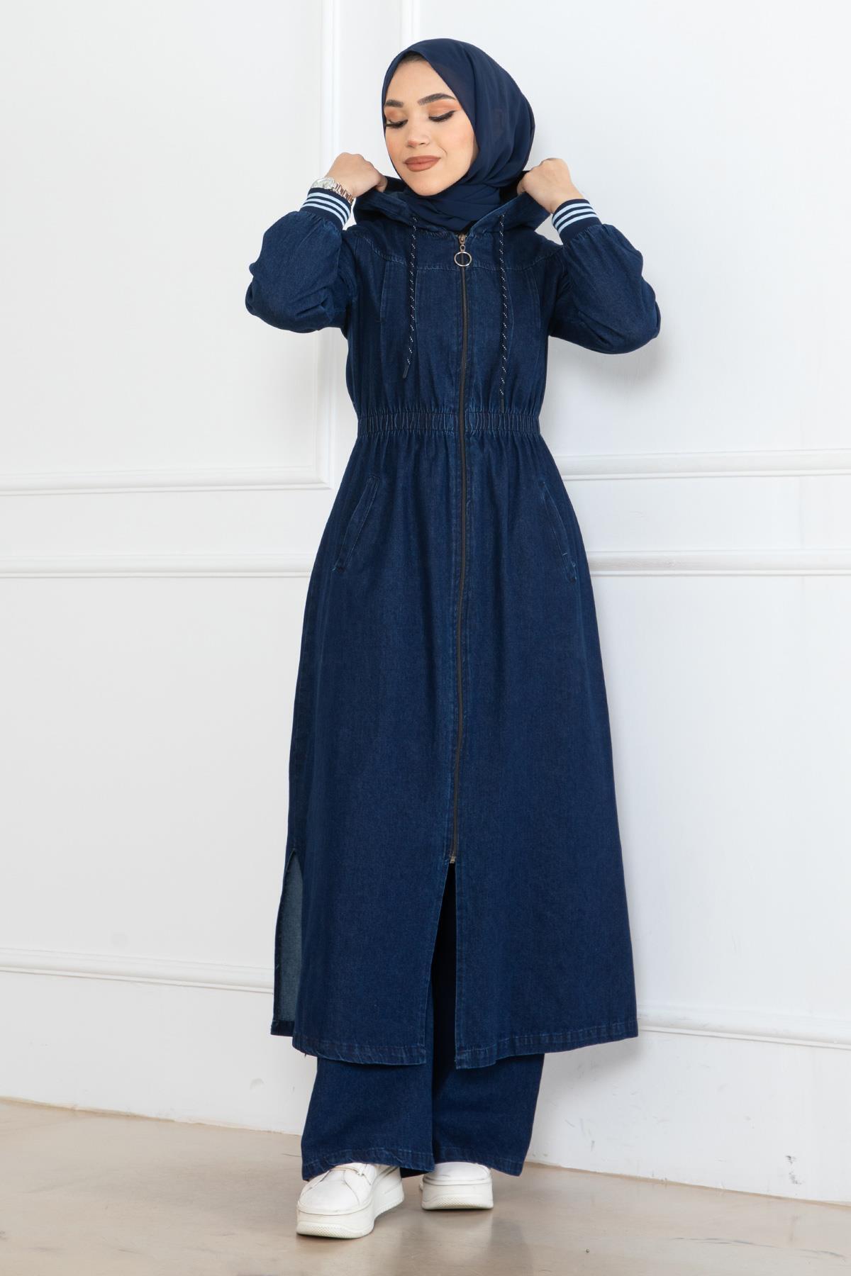 Modamihram-Dark Blue Hoodie and Elastic Waist Jeans Set - 19362 3