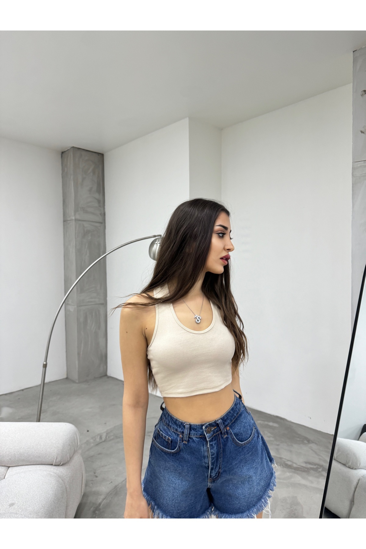 Kadın Oval Yaka Pamuklu fitilli Kaşkorse Crop Atlet Krem 7