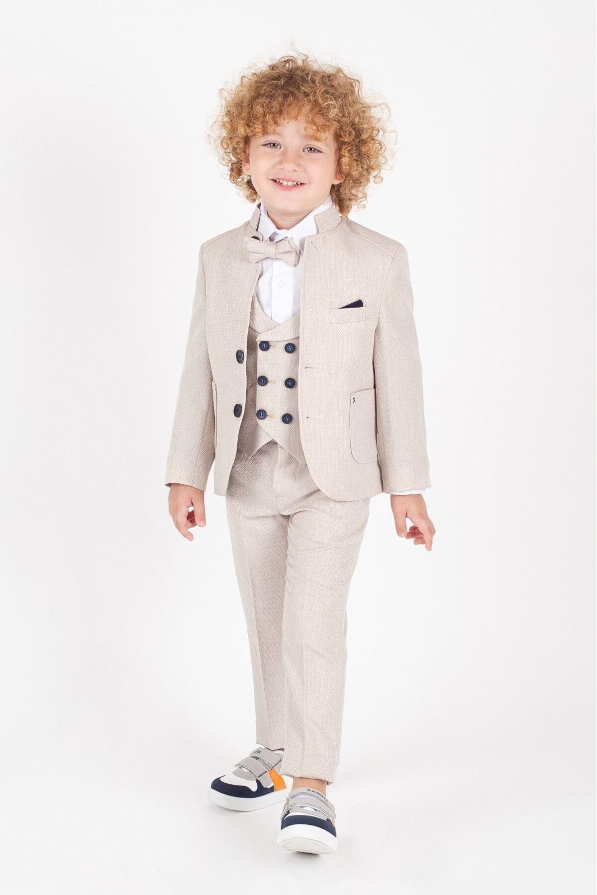 Magu Cream Kids Suit Stylish Design Tuxedo with Bow Tie Vest Jacket