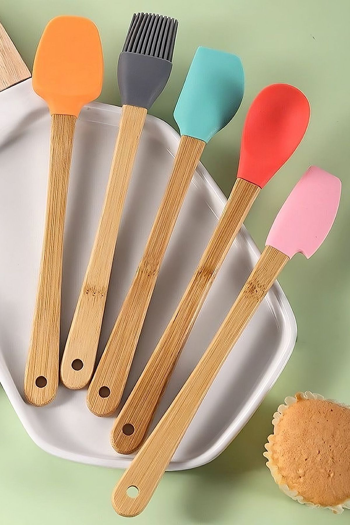 MİS KİTCHEN 5 Adet Mini Renkli Silikon Spatula Seti - Bambu Saplı Spatula Seti, Mutfak Seti