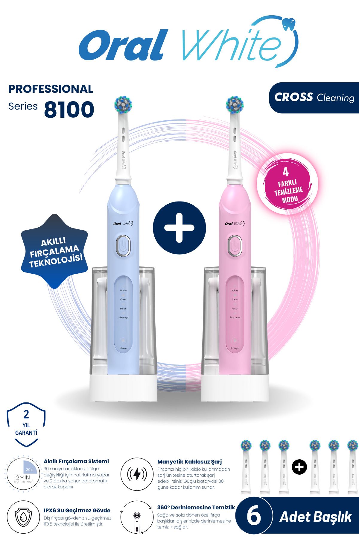 Oral White 4 Modlu Professional Series 8100 Şarjlı Diş Fırçası Mavi ve Pembe İkili Set