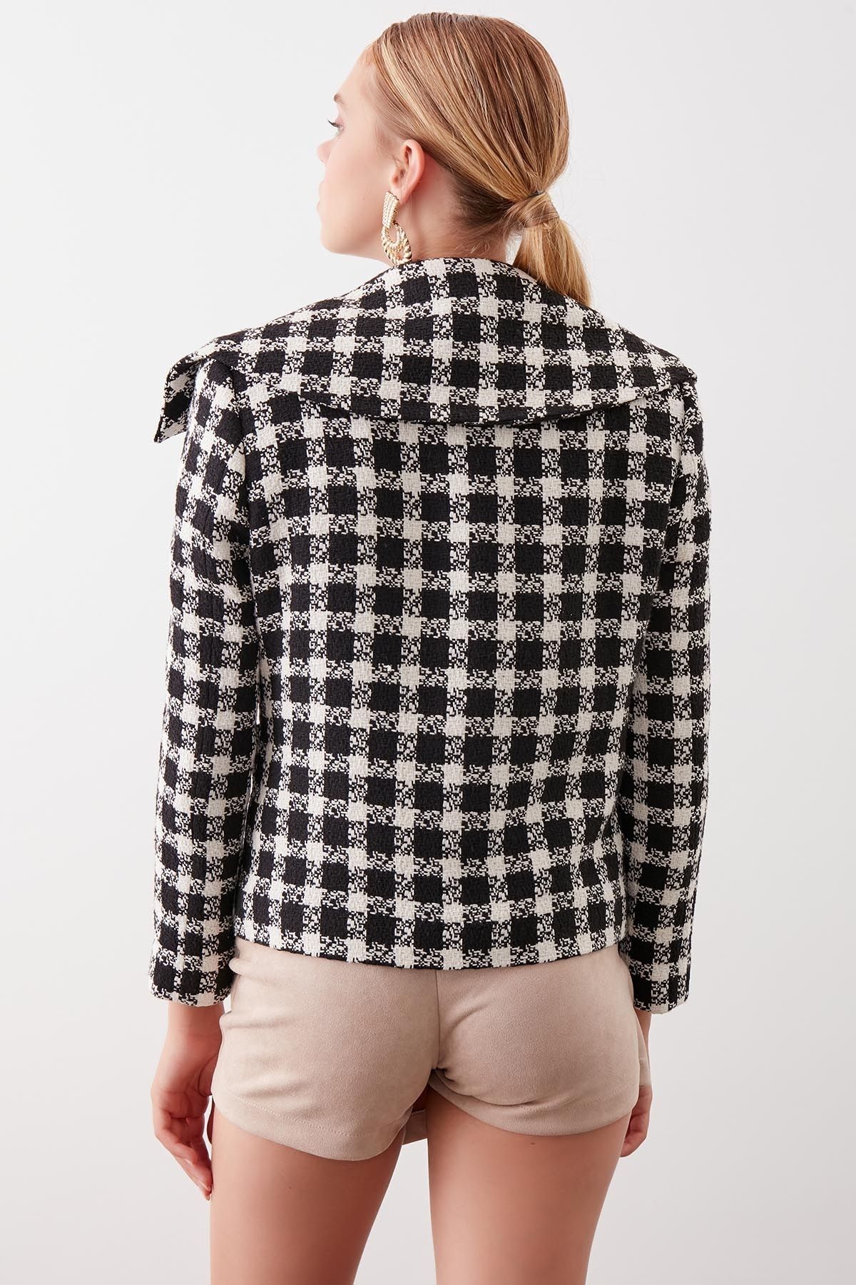 Vitrin-Collared Single Button Pocket Detailed Houndstooth Jacket 5