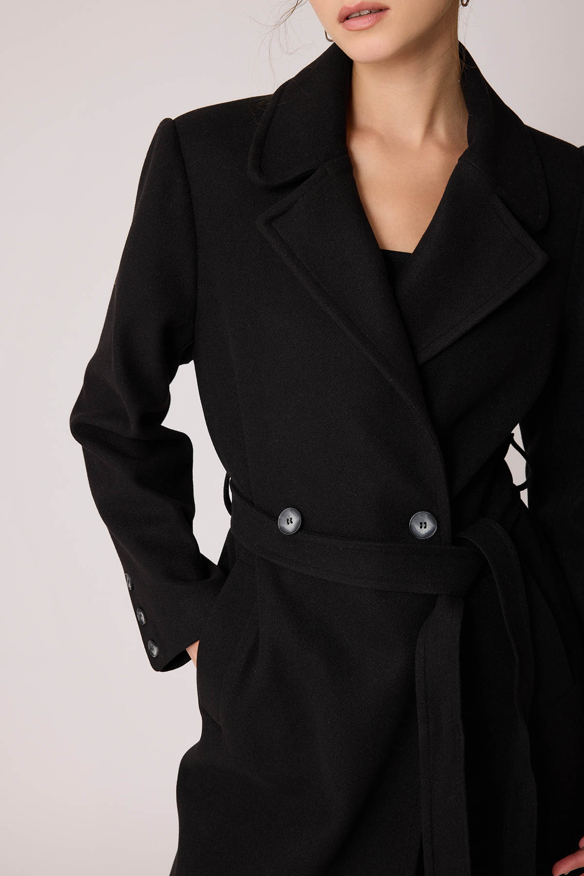 Vitrin  Önden Düğmeli Beli Kuşaklı Uzun Kaşe Kaban - Görsel 4