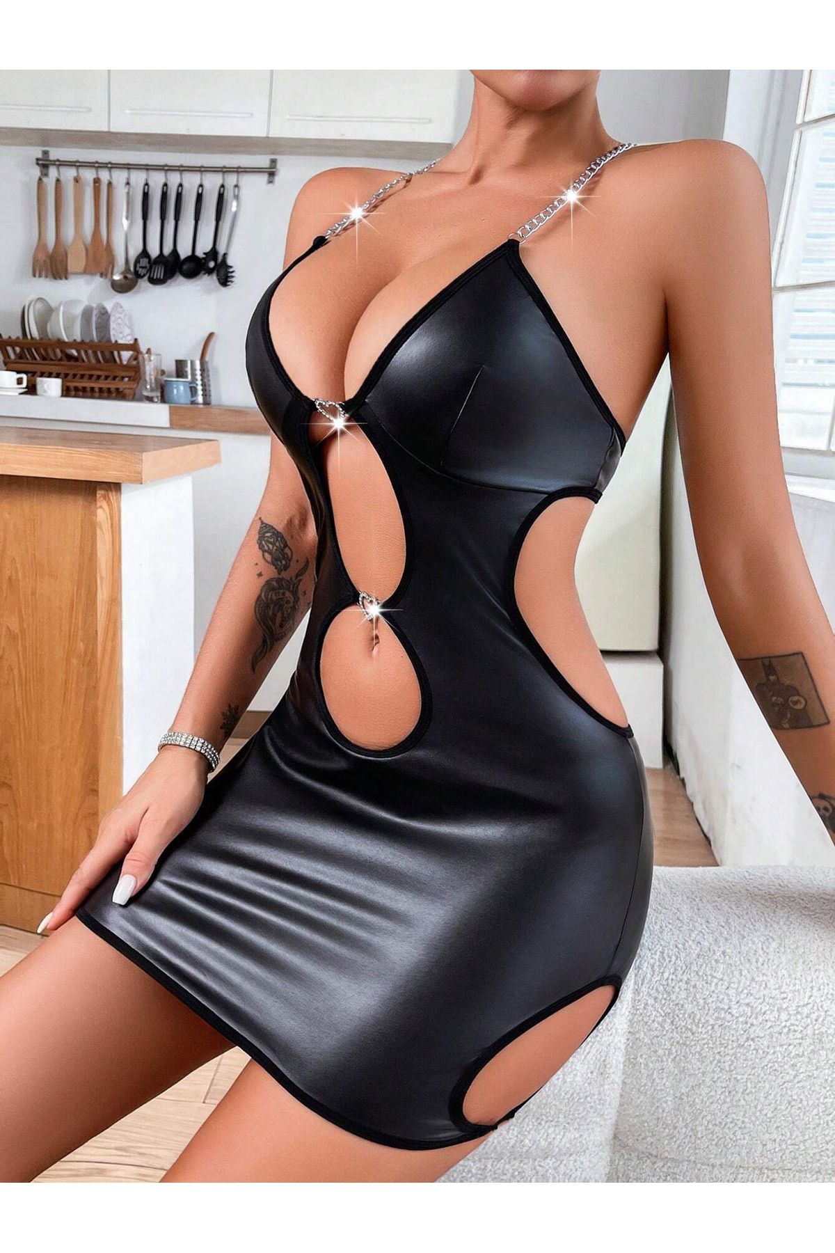 my cherie-Sweetheart Cut Out Leather Mini Dress 4