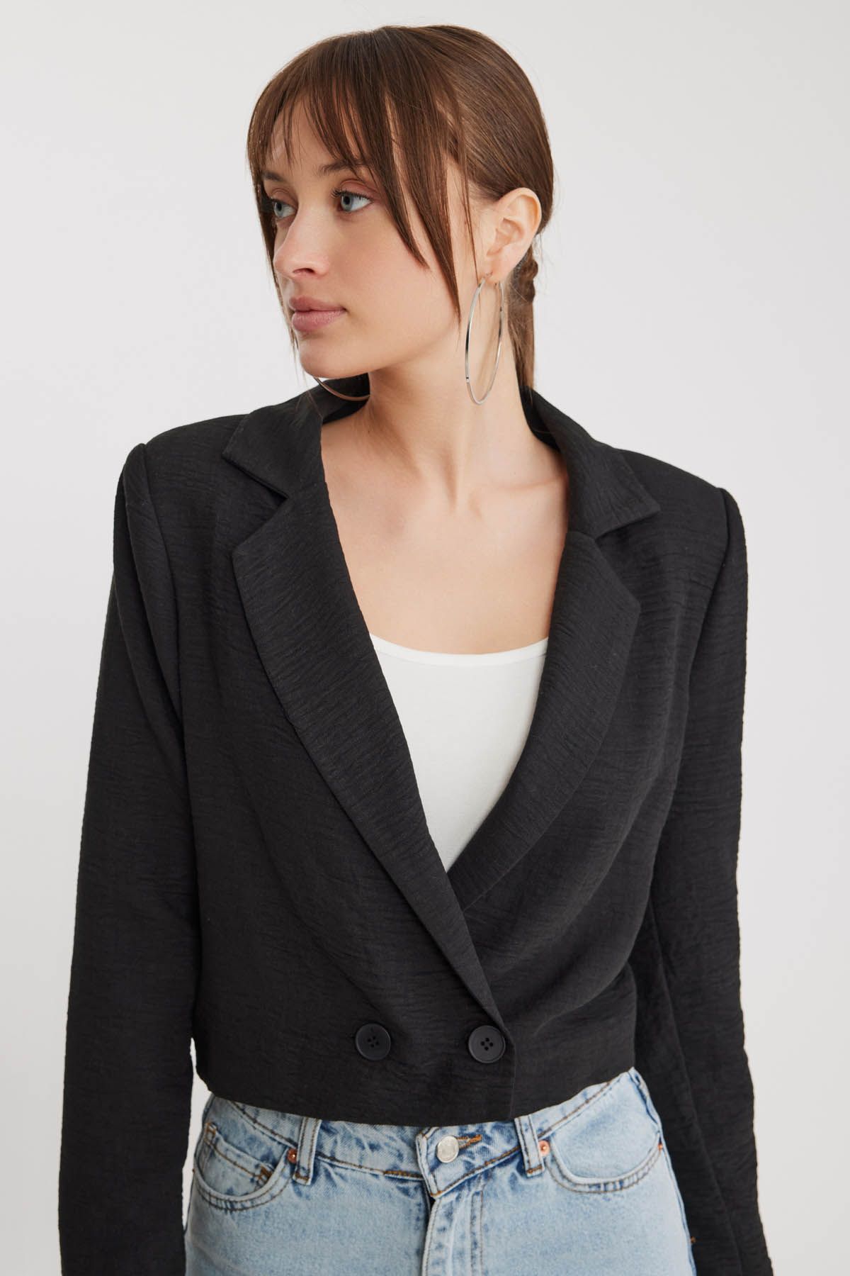 Vitrin-Double Button Viscose Linen Crop Jacket 4