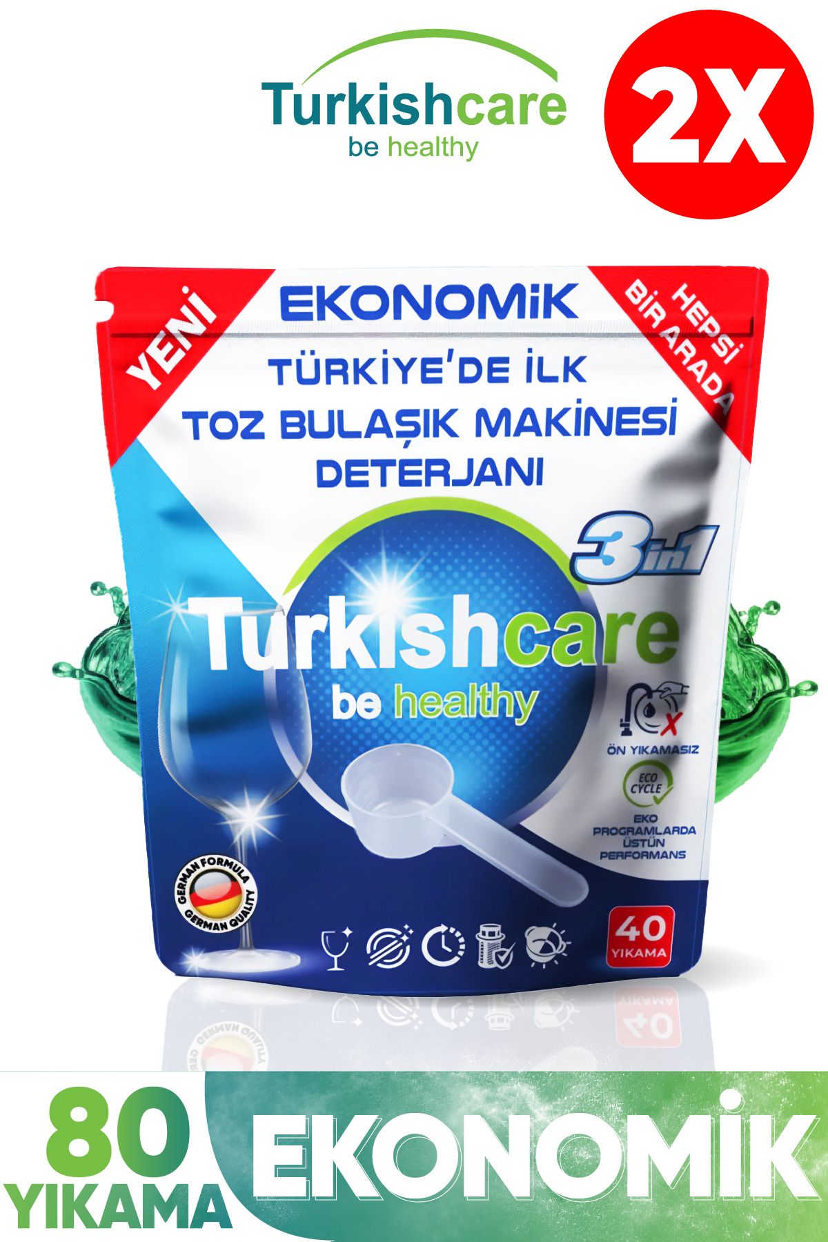 Turkishcare Ekonomik Hepsi Bir Arada Bulaşık Makinesi Tablet Deterjanı Toz 40x2 80 Yıkama